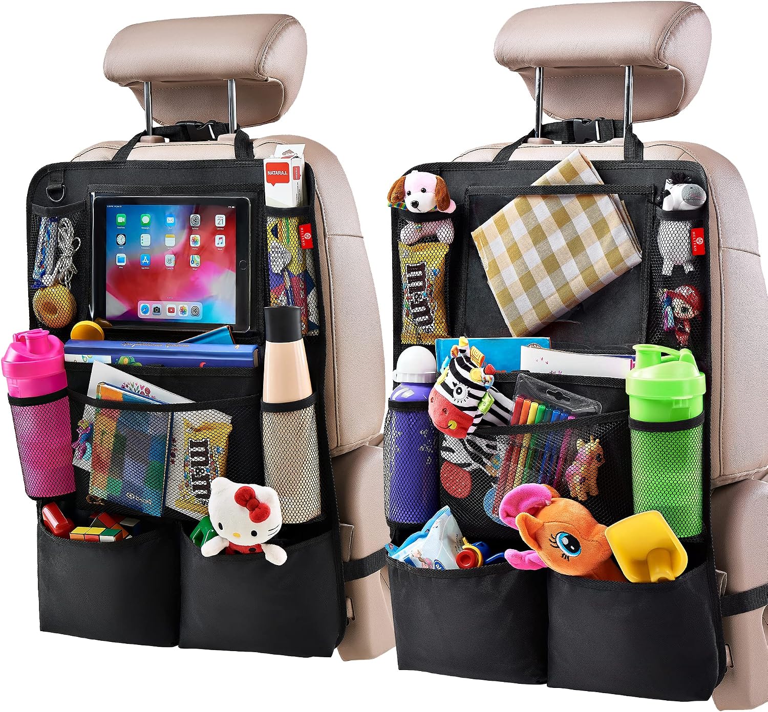 Helteko Backseat Car Organizer, Kick Mats Back Seat Protector with Touch Screen Tablet Holder, Travel Accessories with 9 Storage Pockets, 2 Pack, Black
