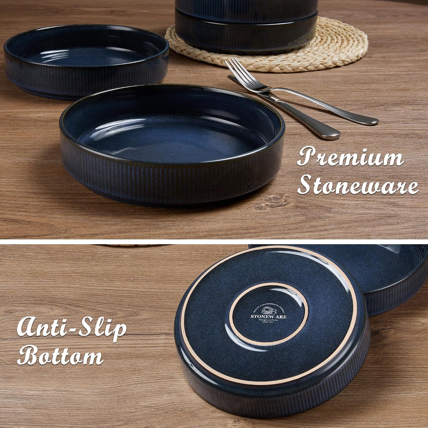 E-far Pasta Bowls Set of 4, 35oz Large Salad Bowl Plate for Dinner Serving, Wide & Shallow Ceramic Stoneware Pasta Plates, Microwave & Dishwasher Safe, Reactive Glaze Textured Stripes, Dark Blue image 5