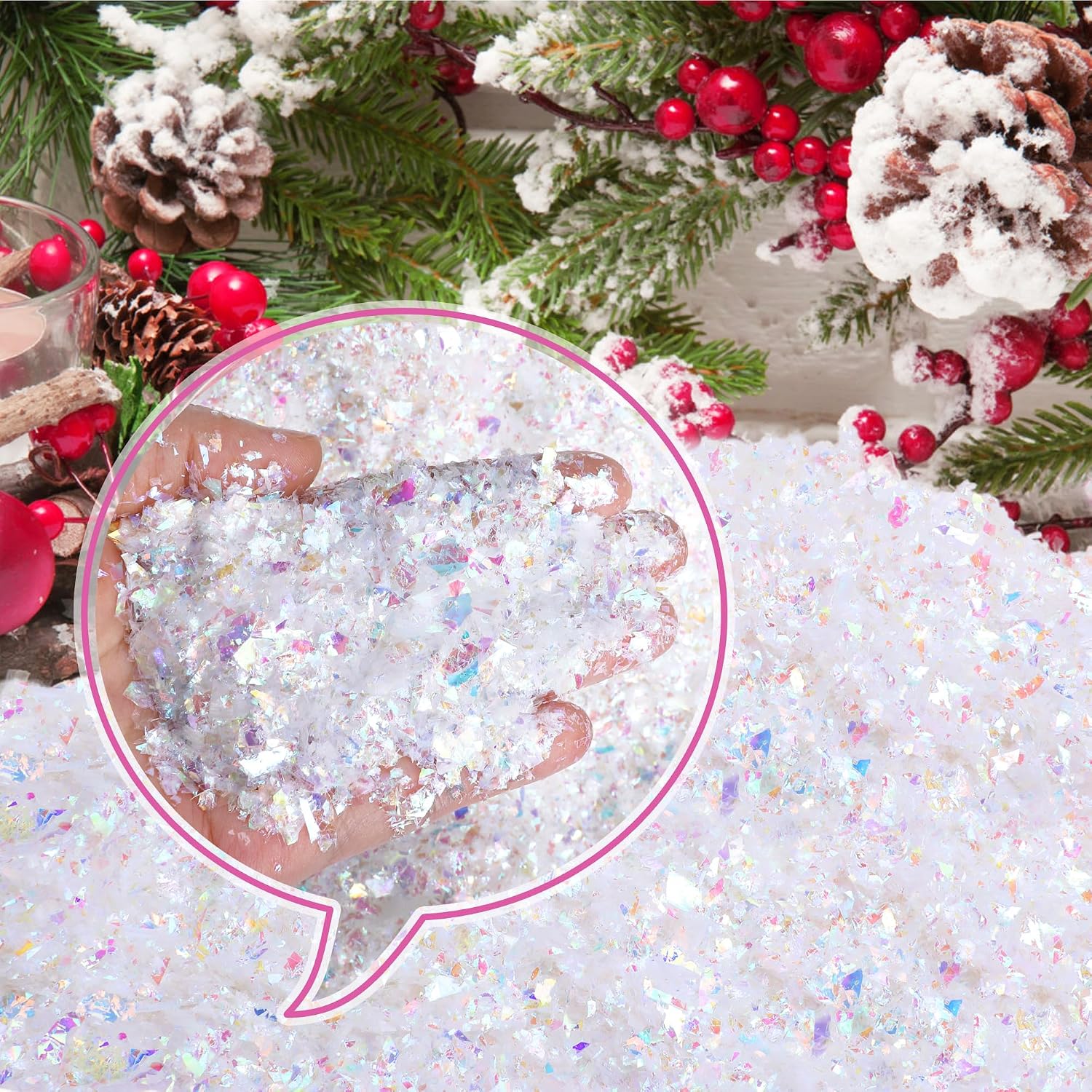 20oz/570g Christmas Fake Snow Decoration- Colorful Twinkles Artificial Flake Fake Snow Powder Filler- Sparkling Artificial Snow for Christmas Village Decoration DIY Crafts