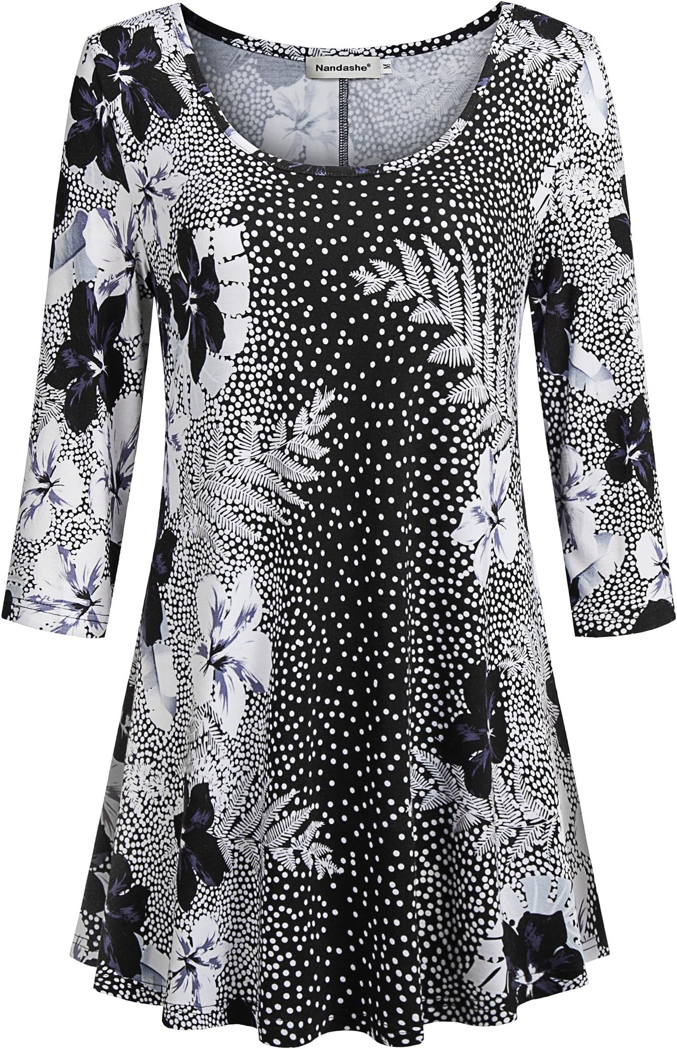 Nandashe Womens 3/4 Sleeves Floral Tunic Shirts Summer Casual Dressy Blouse Tops, Black White, X-Large