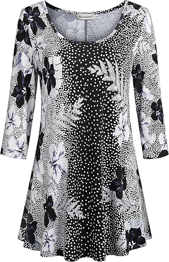 Nandashe Womens 3/4 Sleeves Floral Tunic Shirts Summer Casual Dressy Blouse Tops