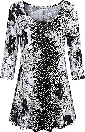 Nandashe Womens 3/4 Sleeves Floral Tunic Shirts Summer Casual Dressy Blouse Tops