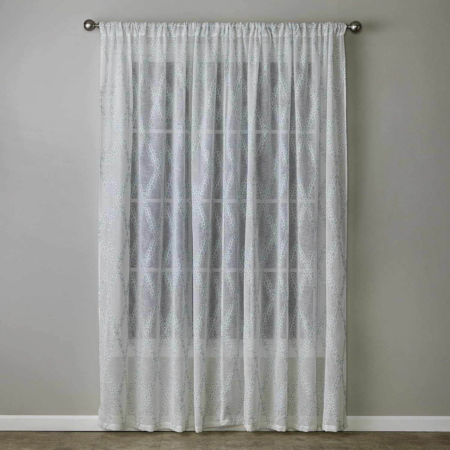 White Sheer Polyester Diamond Vine Rod Pocket Curtain Panel