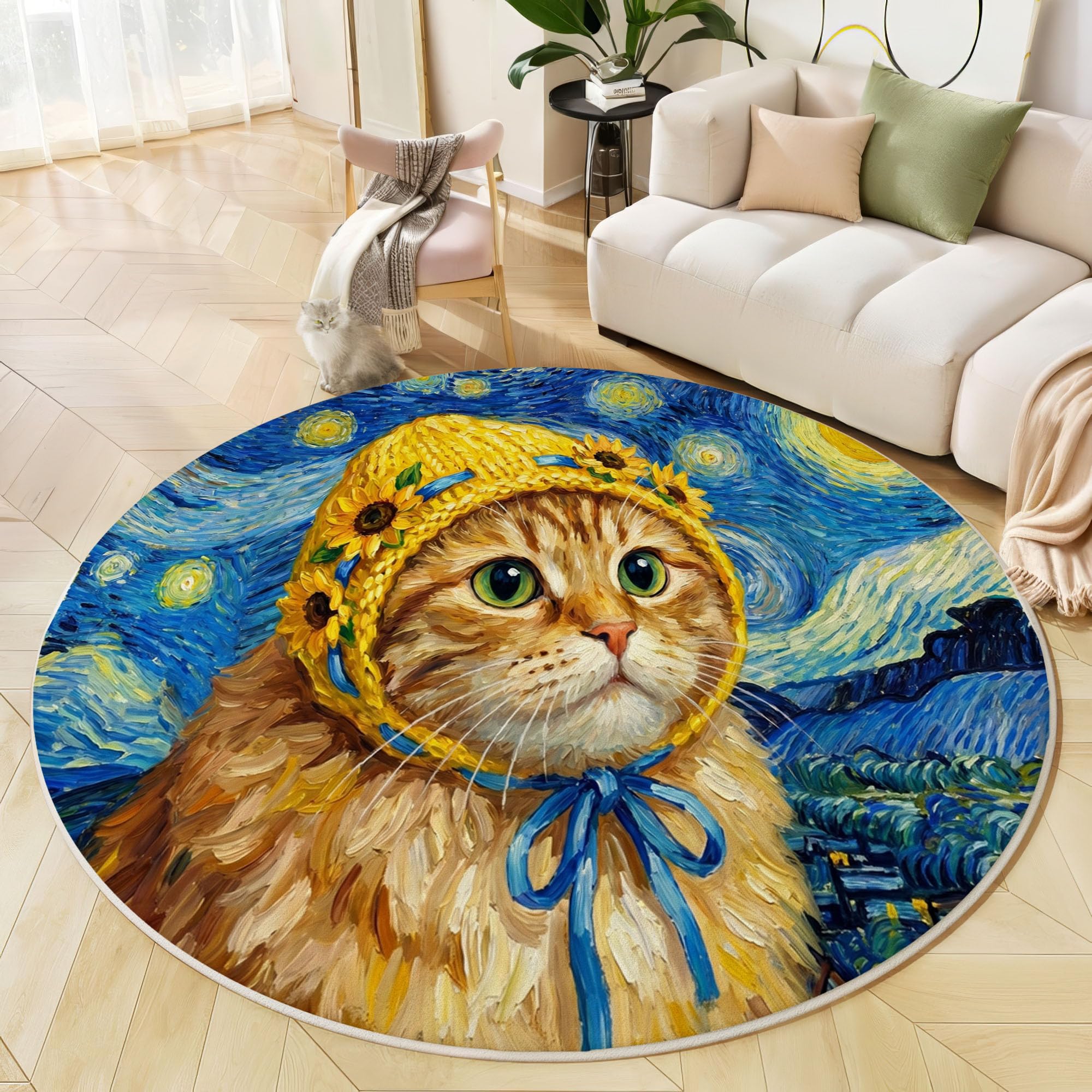 Tapis Rond Salon Lavable Peintures Humoristiques À L'Huile Animaux 100 Cm | Chats Ciel Étoilé Bleu Marine Tapis De Sol Décoration Antidérapant Pour Chambre Cuisine Salle À Manger