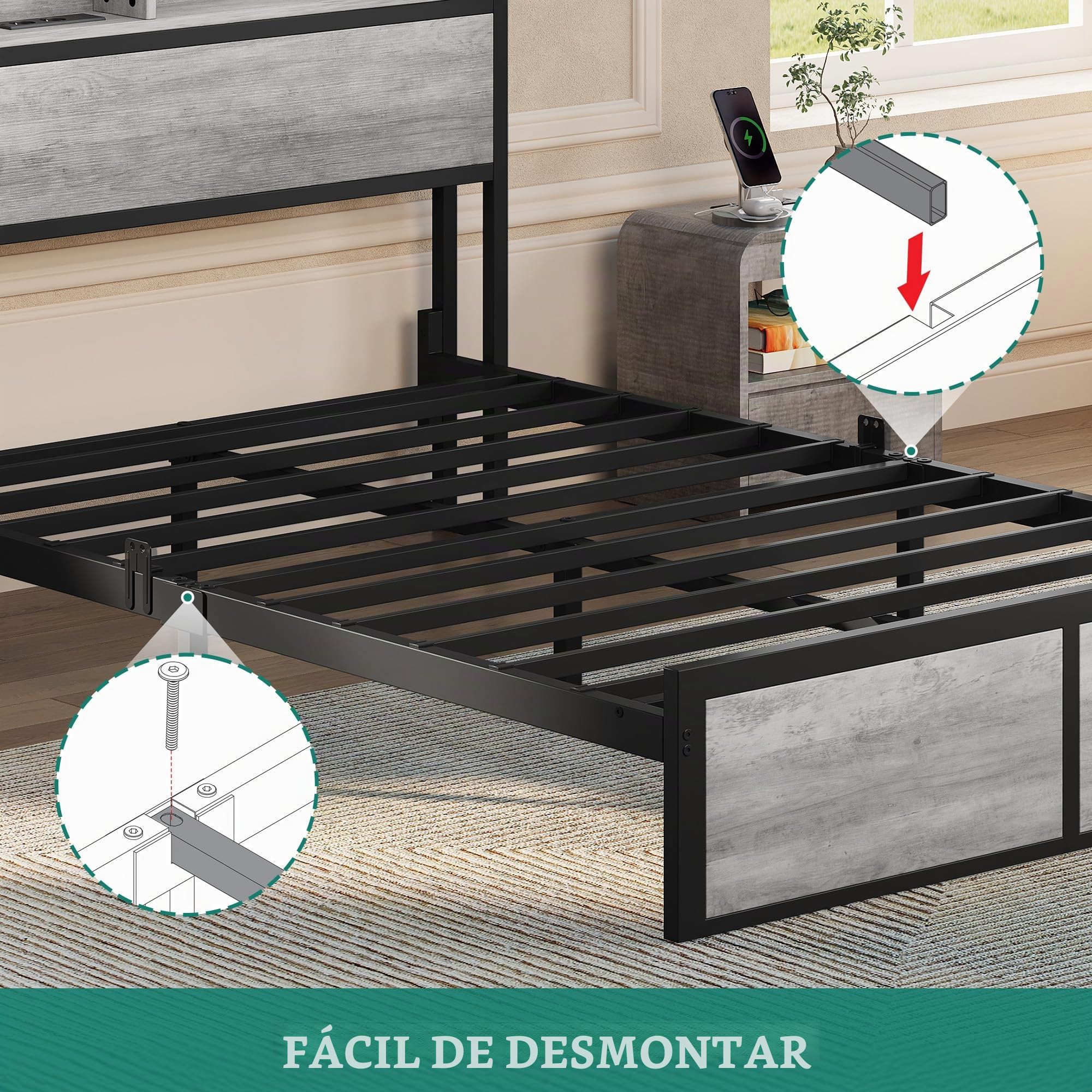 YITAHOME Estructura de Cama LED con cabecero, Puertos USB y Salidas de Carga, Plataforma de Metal, Marco de Cama con 2 estantes, no Requiere colchón, Gris, 200 x 140 cm