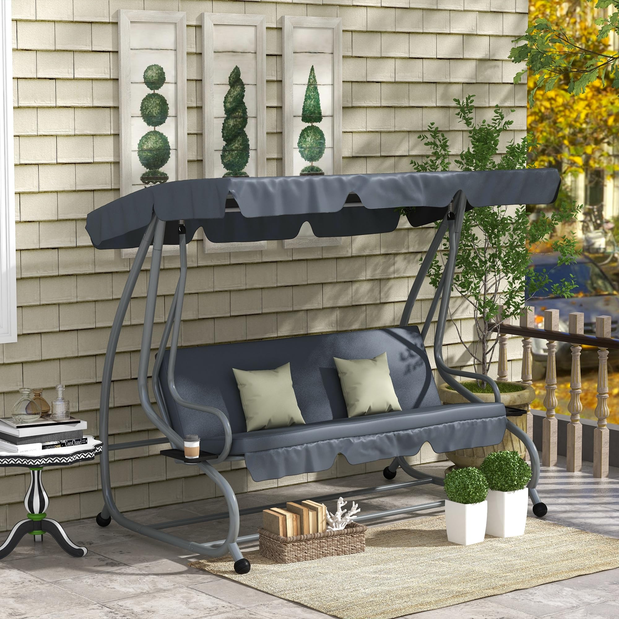 Outsunny Columpio de Jardín Convertible 3 Plazas Techo Ajustable Inclinación 2 Estantes Soporte 2L x 1.2l x 1.64H m Metal Epoxy Negro Poliéster Gris