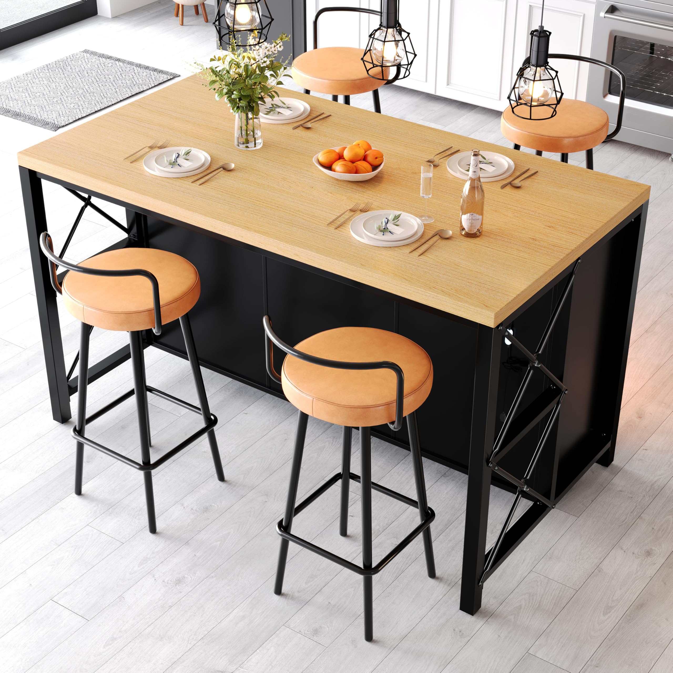 Isola da cucina con 3 cassetti e ante in vetro, design industriale, 150 x 80 x 90 cm, piedini regolabili, nero naturale