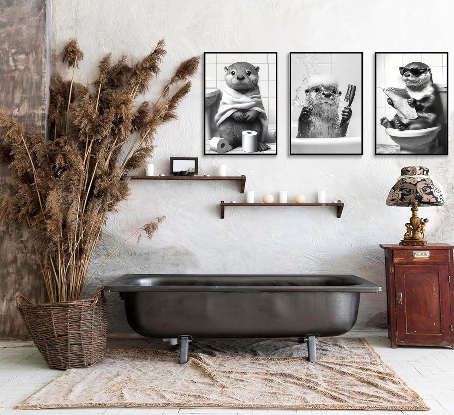 3Pcs Cute Otter Canvas Wall Art Black And White Animal Poster Print Funny otter bathing and reading newspaper Picture Painting Wall Decor for Bathroom Restroom Home Decoration Unframed - Image 5