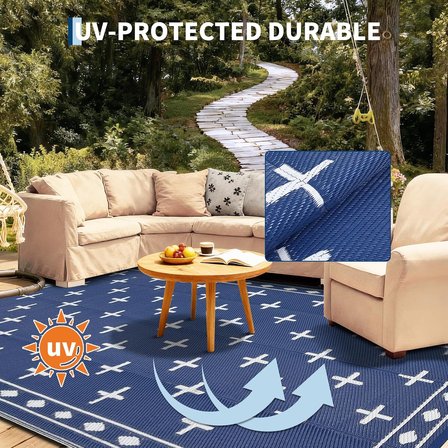 Outdoor Rug 9x12 Modern Area Rugs for Indoor and Outdoor Patios and Porches - Waterproof, Washable, Non-Shedding, Easy-to-Clean Outside Carpet，Navy/Blue