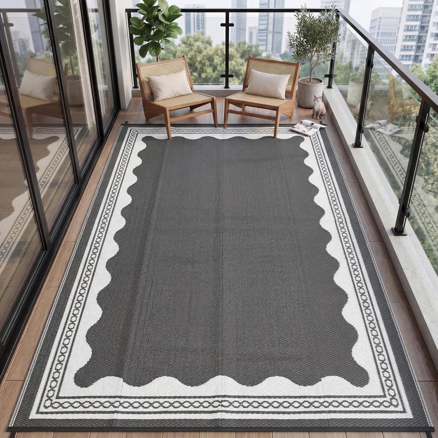 GlowSol Waterproof Outdoor Rug 8×10ft, Scalloped Foldable Plastic Straw Patio Camping Rug, Outdoor RV Carpet for Deck Camper Porch Balcony Backyard Picnic Beach Peony Brown & Coffee