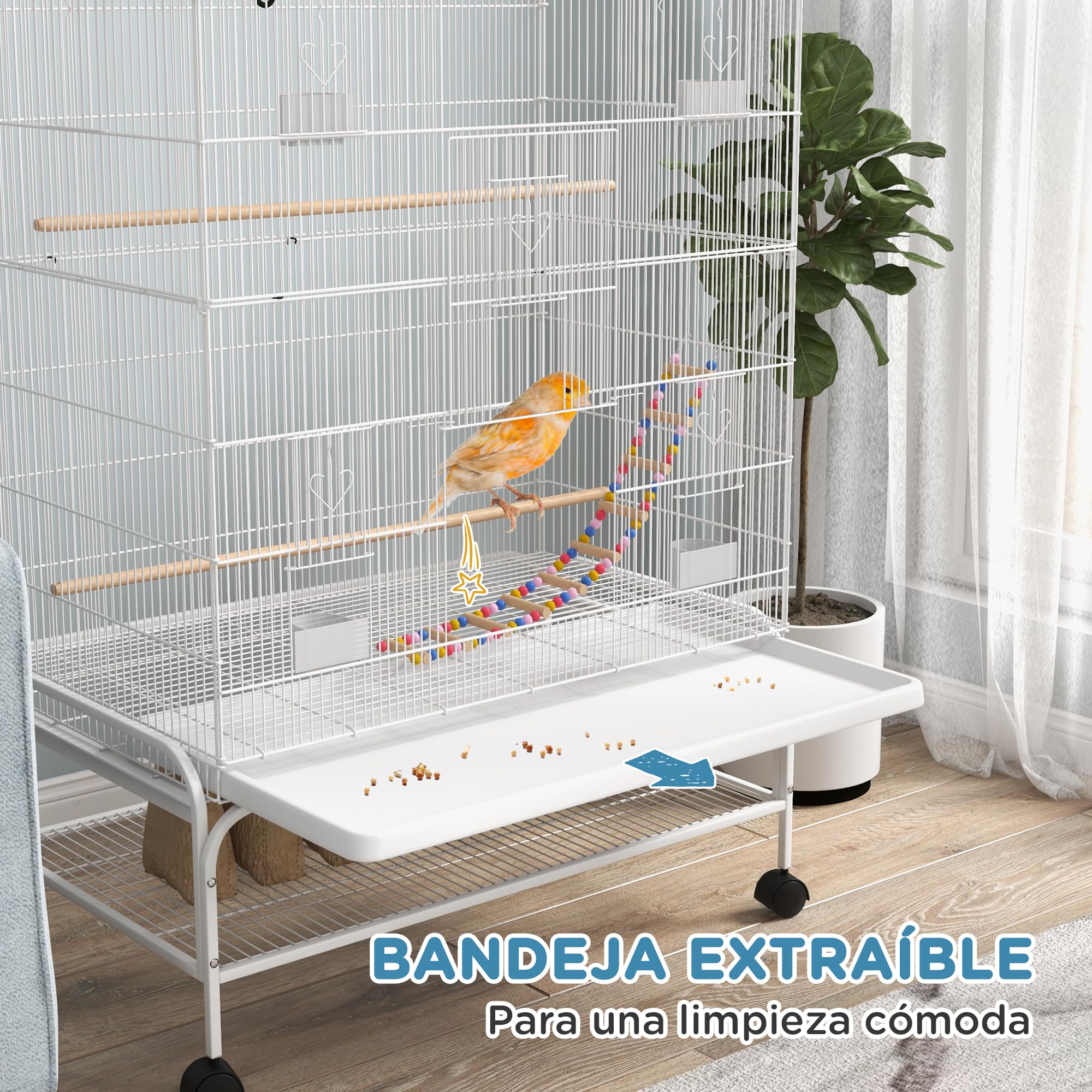 PawHut Jaula para Pájaros con Ruedas Grande con Soporte 79x49x133 cm Blanco