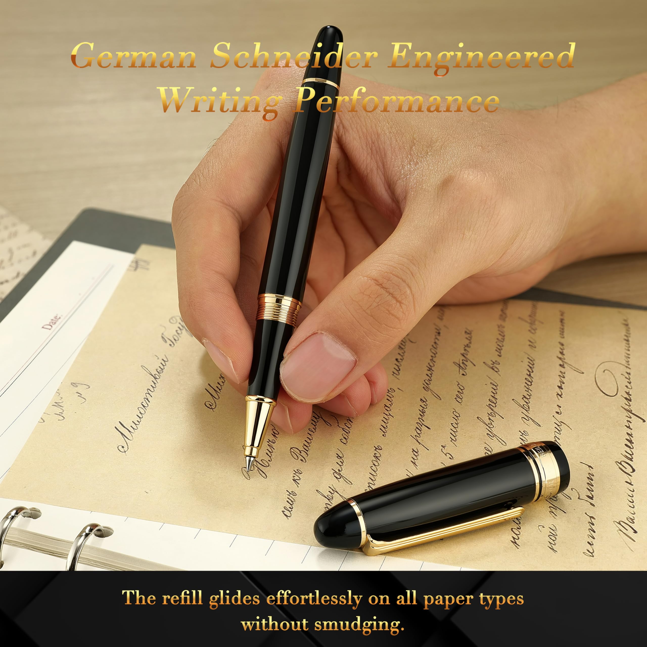 BEILUNER 319 Piano Black Lacquer Rollerball - Stunning Luxury Pen with 24K Gold Heavy Schneider Black Ink Refill — view 4