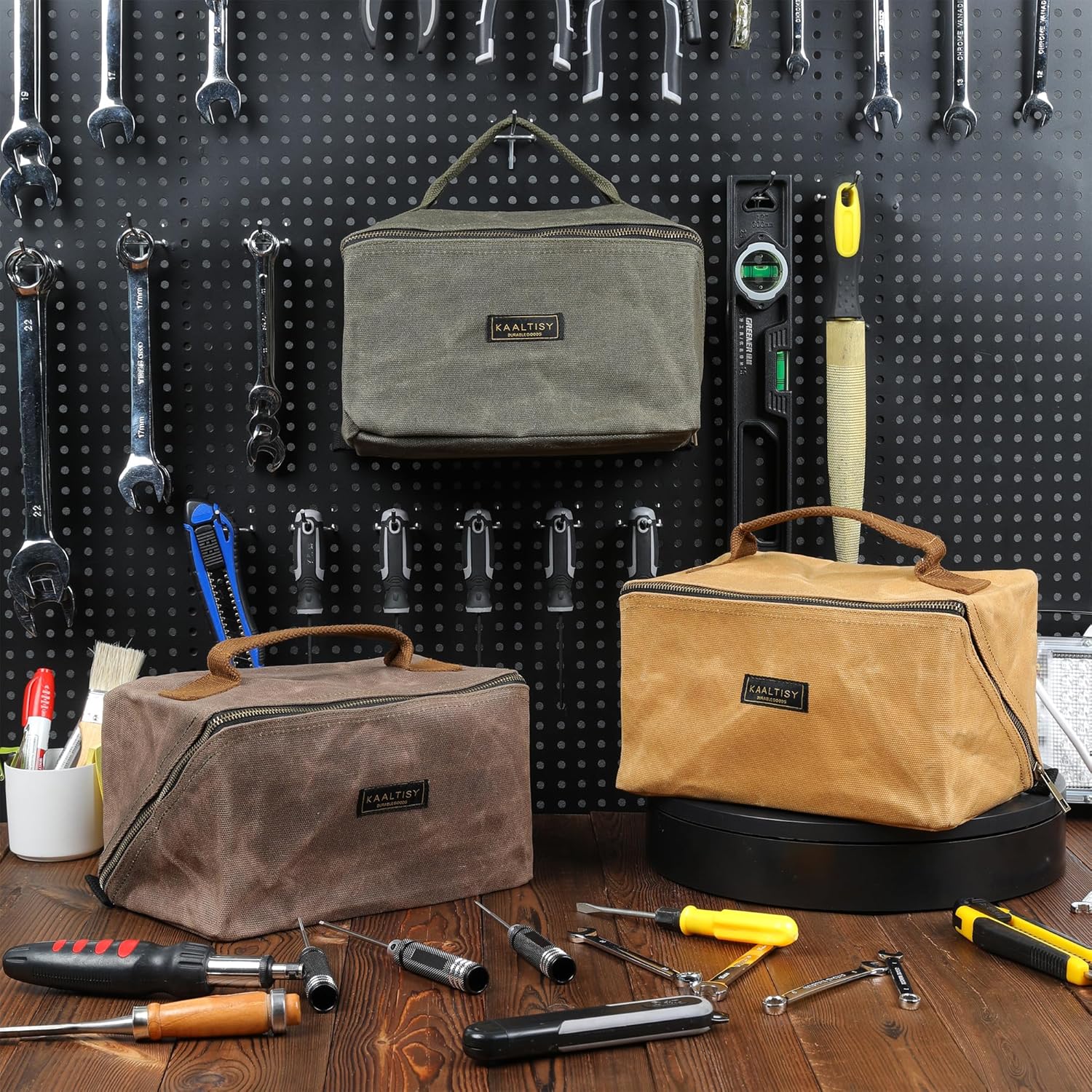 Heavy Duty Tool Storage Organizer, Tool Pouch with Metal Zipper + Handle, 16 OZ Waxed Canvas Tool Bag | 3-Pack | Army Green + Khaki + Grey