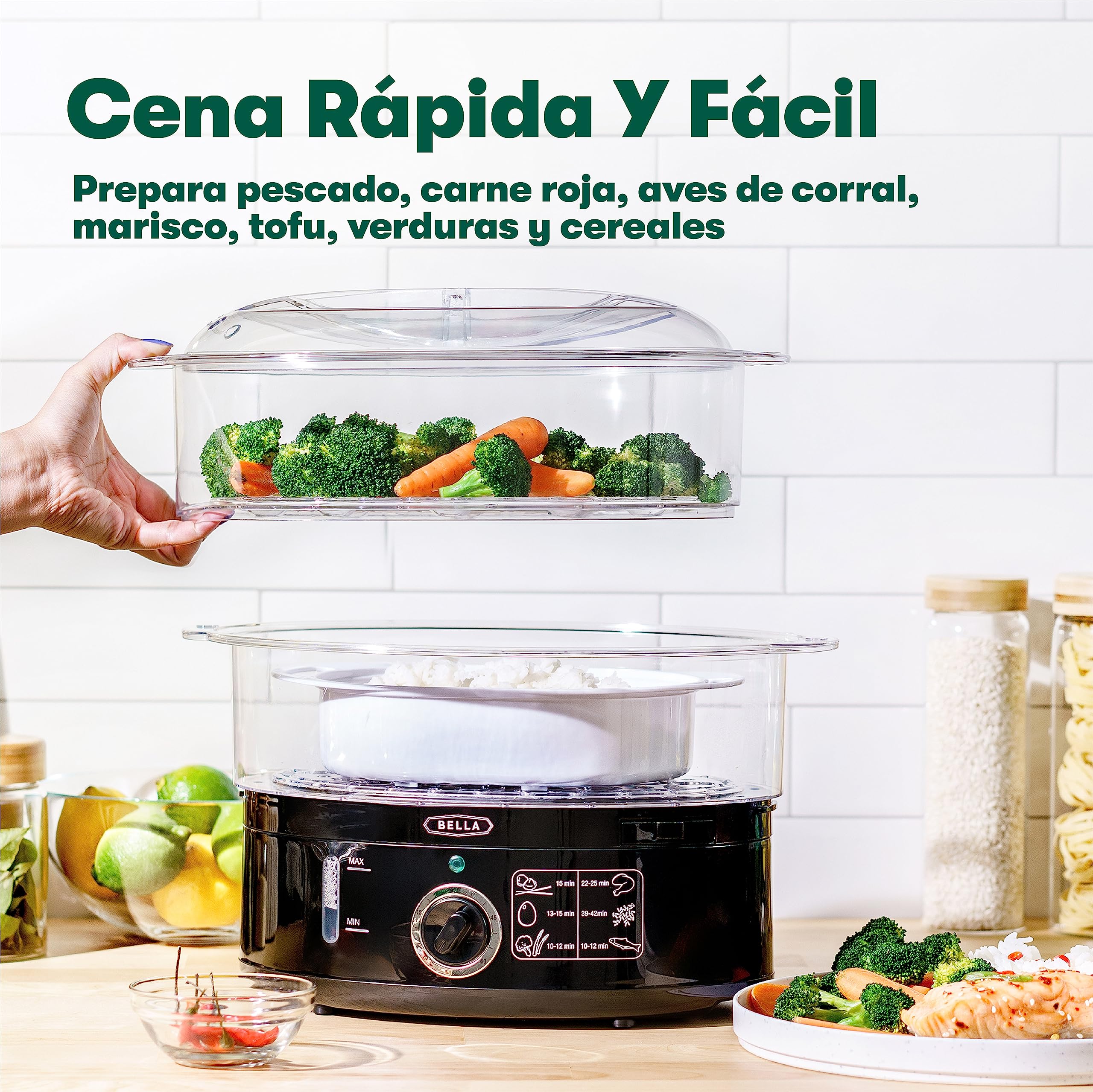 bella Vaporera de dos niveles con cestas apilables y base extraíble para una cocción rápida y simultánea. Apagado automático y protección contra ebullición en seco, 7 l, color negro.