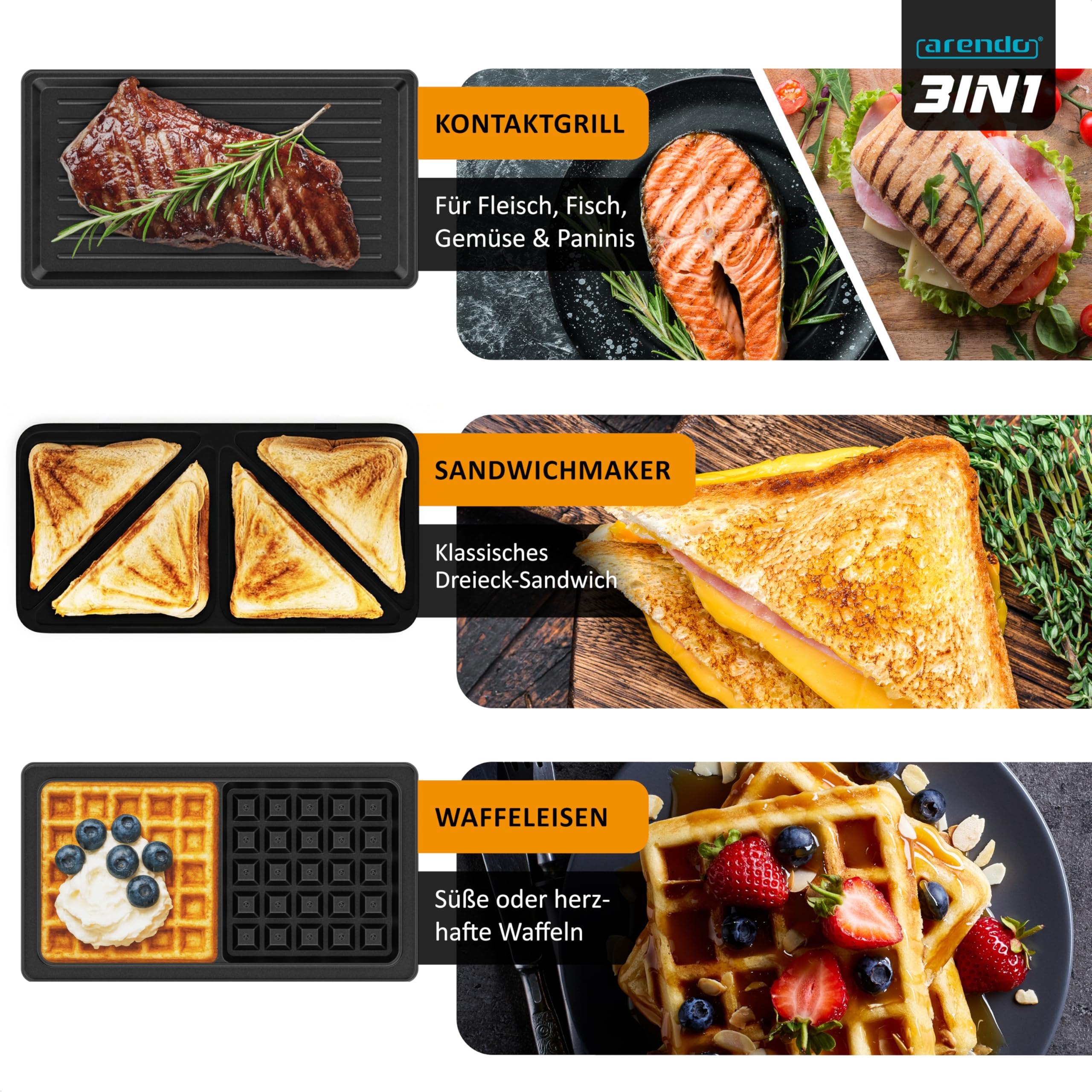 Arendo - Sandwichmaker 3 in 1 - mit Wechselplatten - Kontaktgrill – Waffeleisen – Sandwichmakler XXL - Antihaftbeschichtung – für Sandwiches, belgische Waffeln, Grillgut uvm - klein und kompakt