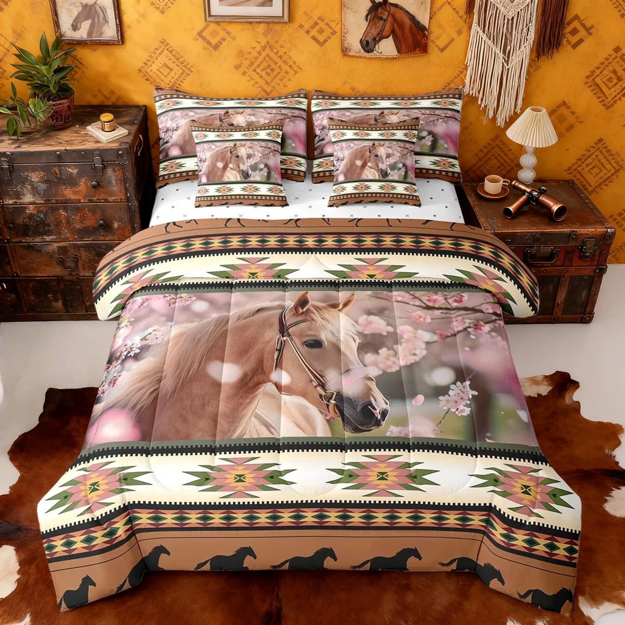 Juego de edredón de 7 piezas con sábanas diseño caballo azteca para cama individual de niños