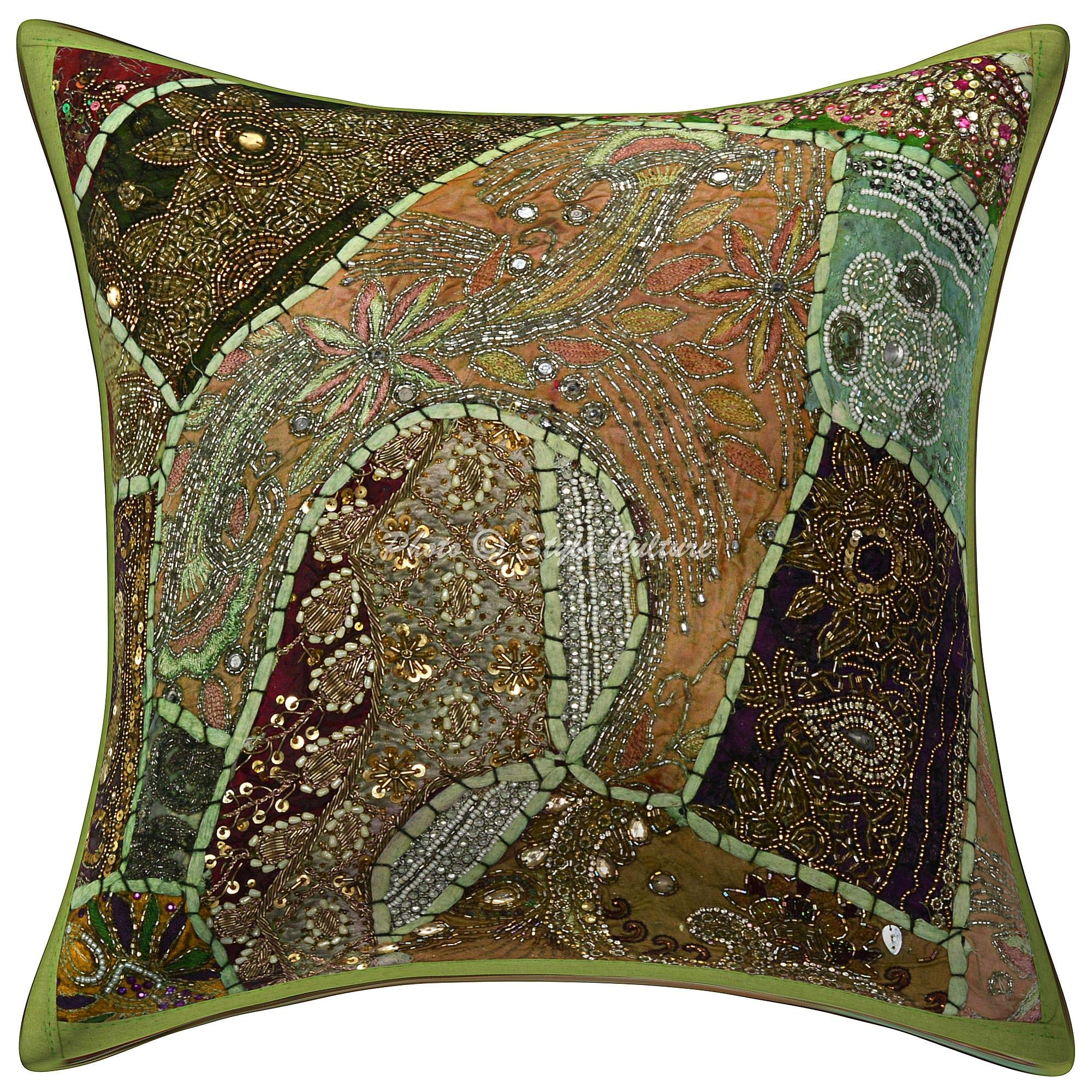 Indische Dekorativ Baumwolle Couch Kissenbezüge 40x40 cm Papagei Grün Dekokissen Perlenbestickt Patchwork Schlafzimmer Sofa Kissen Bezüge Halsdesign Quadrat Kissenhullen - 4 STK.