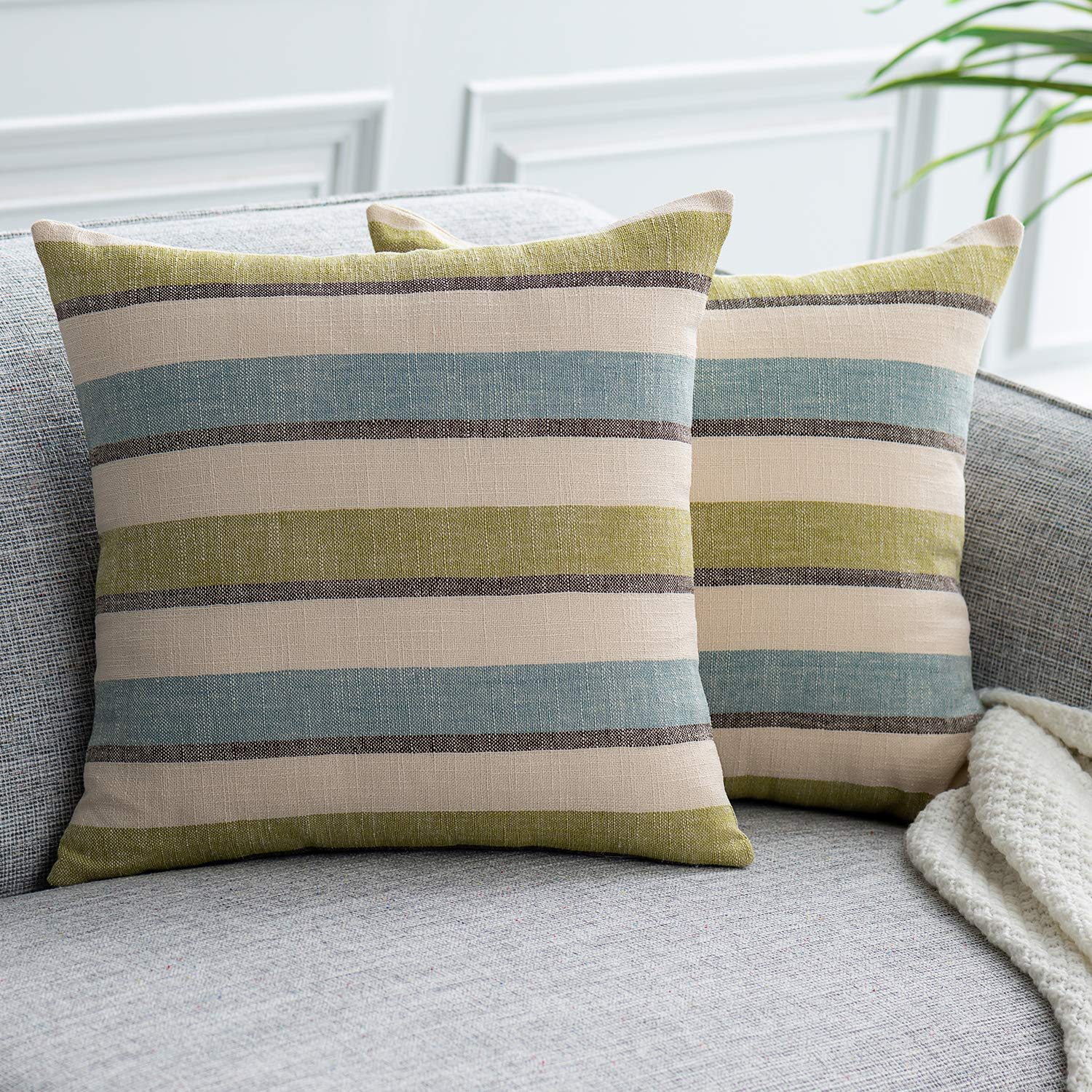 NATUS WEAVER 2 Pieces Decorative Classic Retro Stripe Throw Pillow Cover with Hidden Zipper Soft Linen Modern Farmhouse Cushion Case for Sofa Bedroom