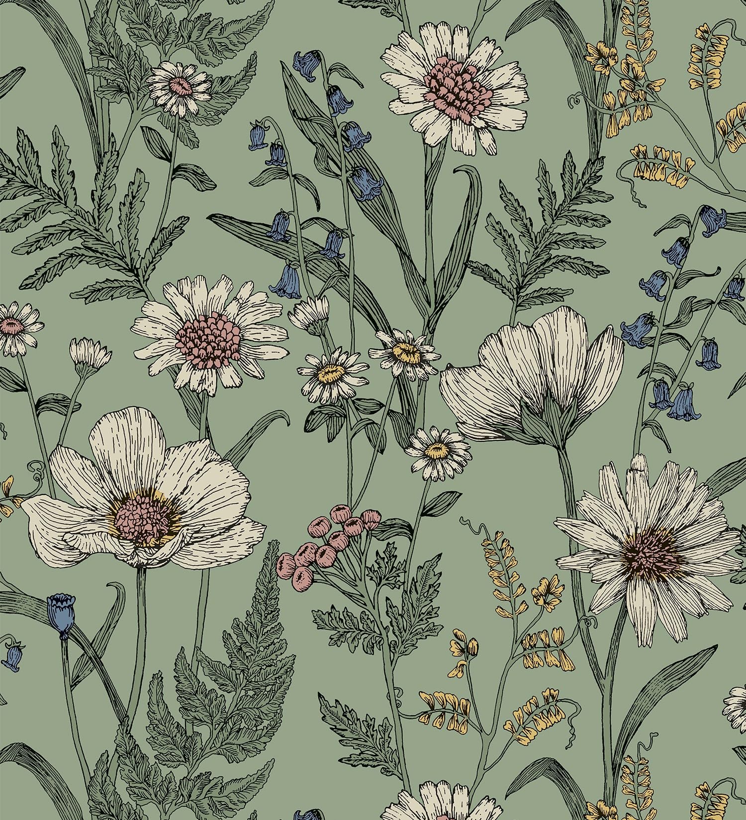 GAULAN 682381 - Papel pintado vinílico de flores silvestres con margaritas y amapolas fondo verde para pared salón cocina baño dormitorio pasillo - Rollo de 10 m x 0,52 m