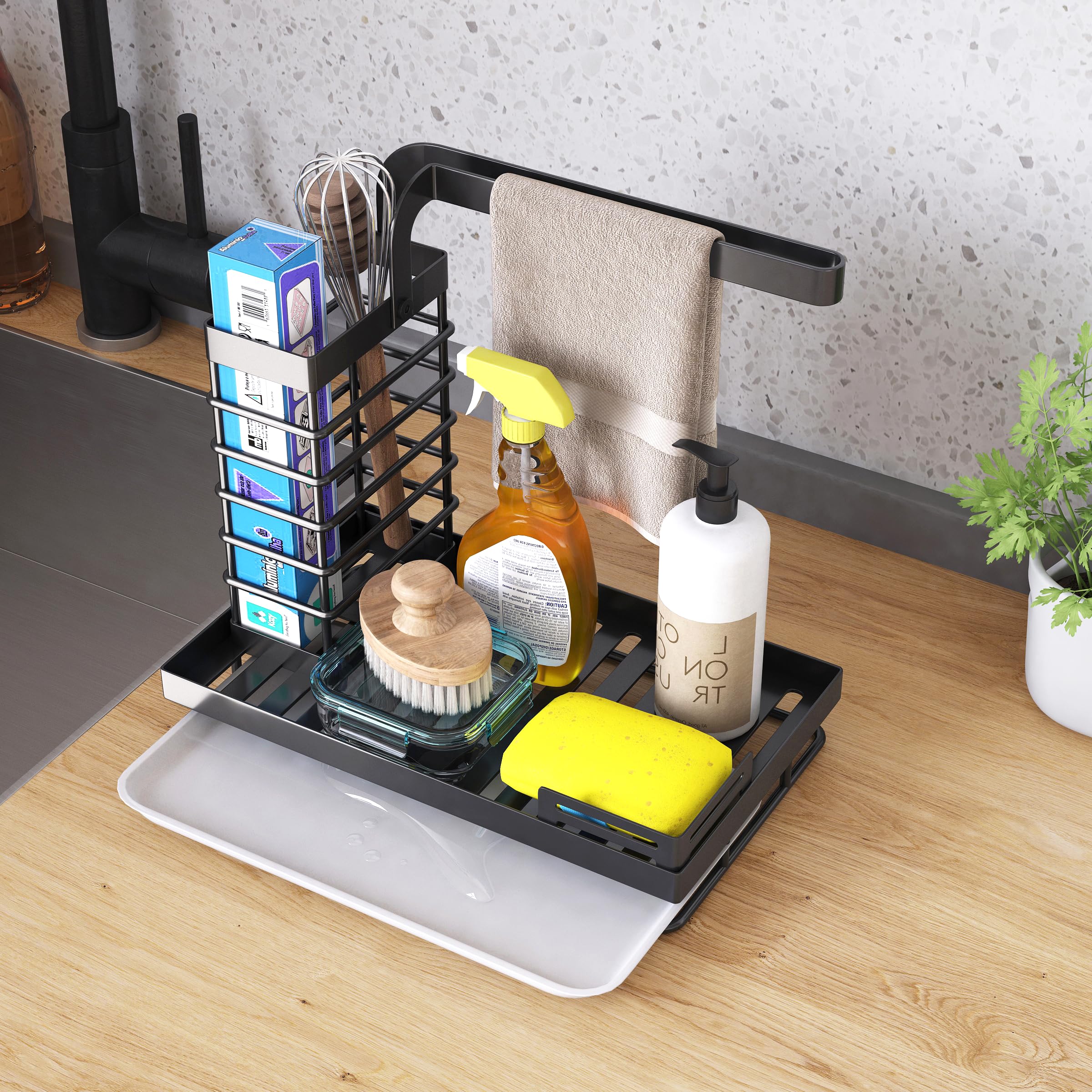 UMDONX Sink Organiser with Sponge Holder & Removable Drip Tray, Black