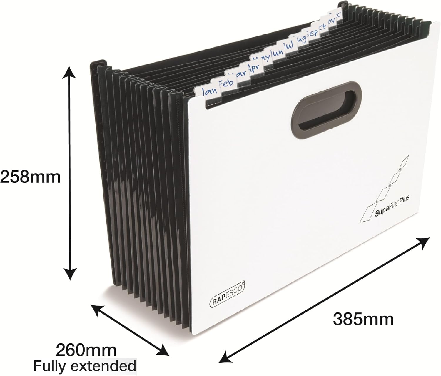 Rapesco 1624 SupaFile Plus 13-Part Desktop Expanding File Organiser Oversized to Fit Files and Folders up to 38.5 cm Wide, A4+, White with Black Dividers