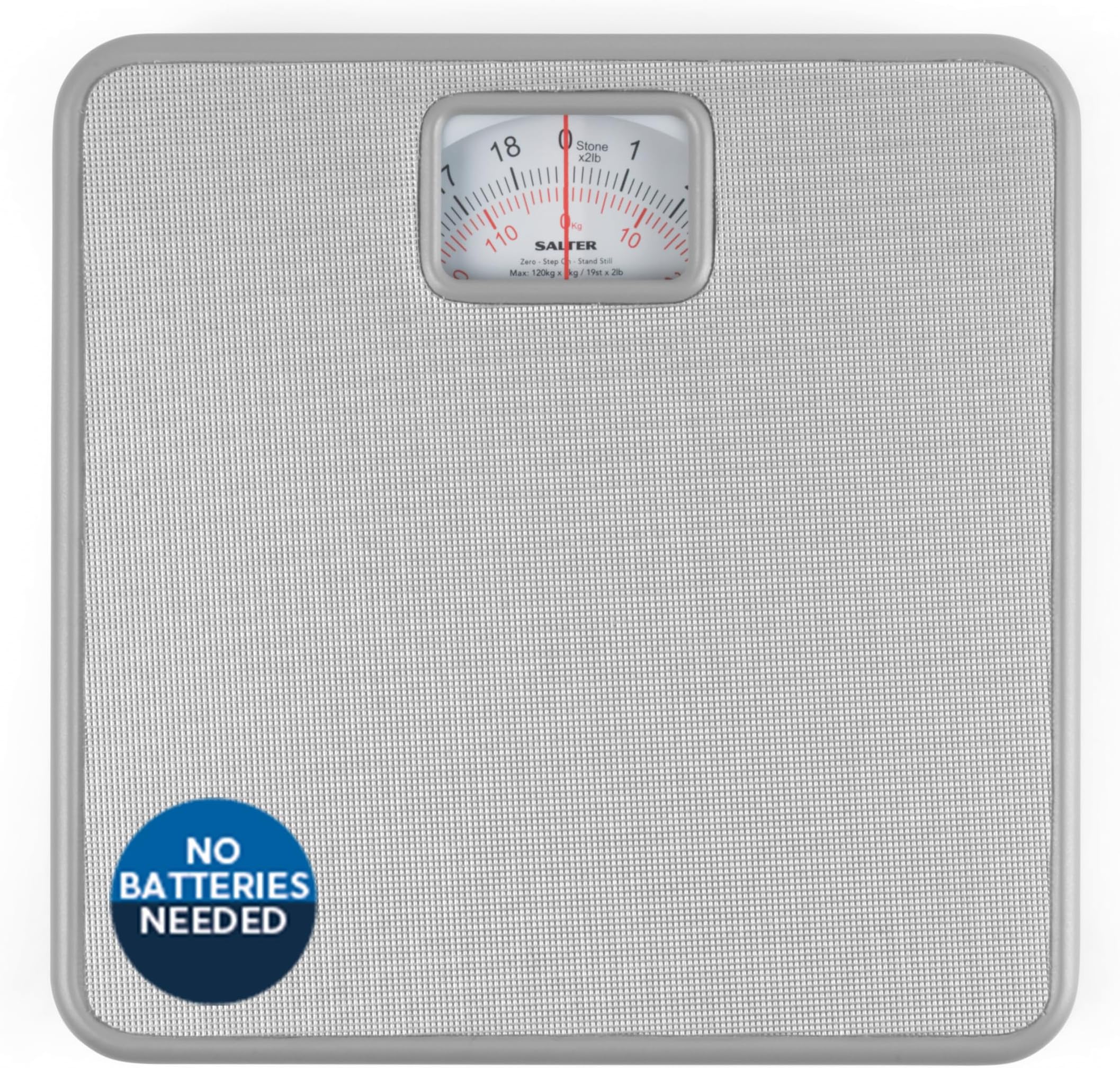 Salter 433 SVDR Mechanical Bathroom Scale – Body Weight Scale with 120 KG Capacity, Large Platform with Non-Slip Mat, Easy to Read Rotating Dial, No Batteries Required, Weigh In kg/st/lbs, Silver