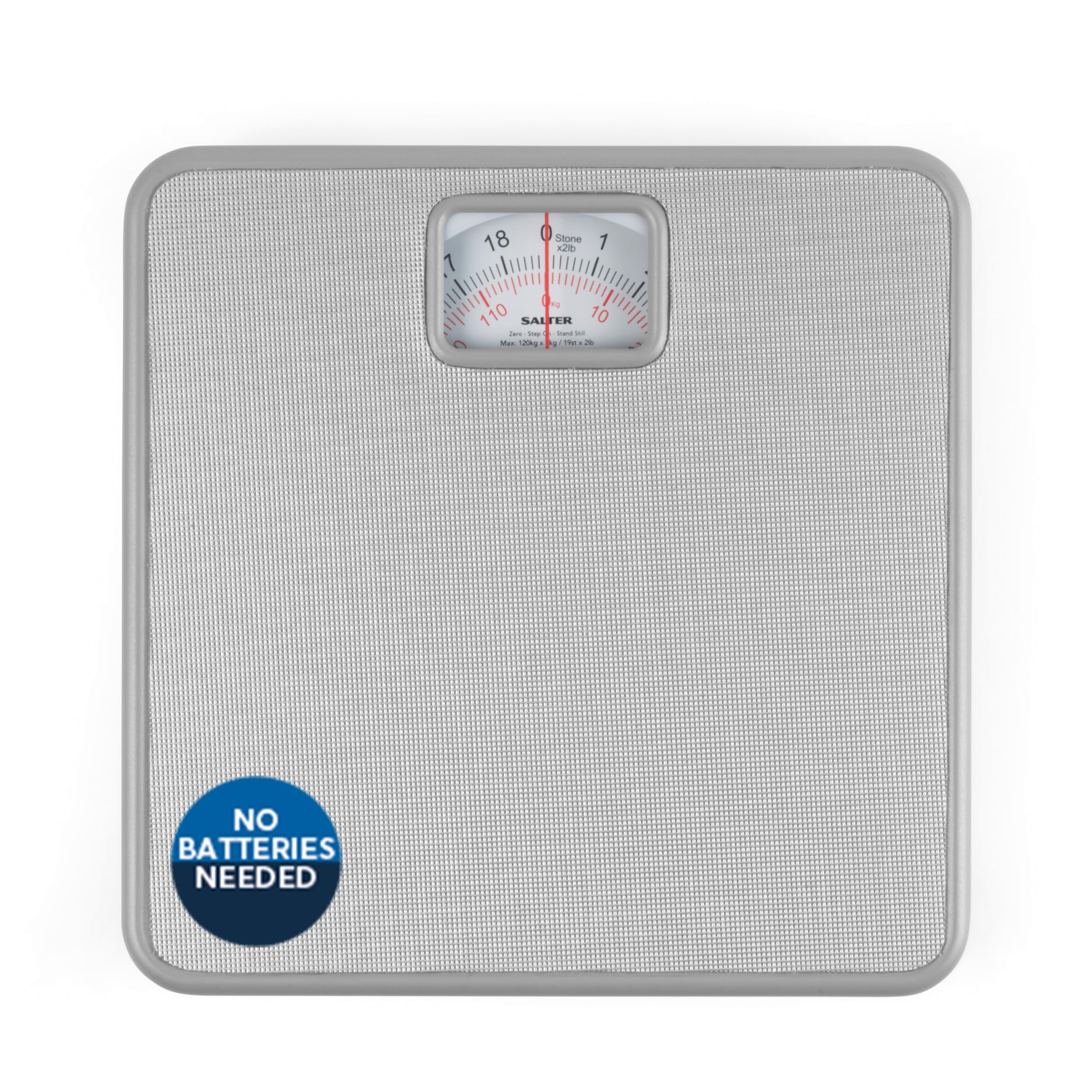 Salter 433 SVDR Mechanical Bathroom Scale – Body Weight Scale with 120 KG Capacity, Large Platform with Non-Slip Mat, Easy to Read Rotating Dial, No Batteries Required, Weigh In kg/st/lbs, Silver