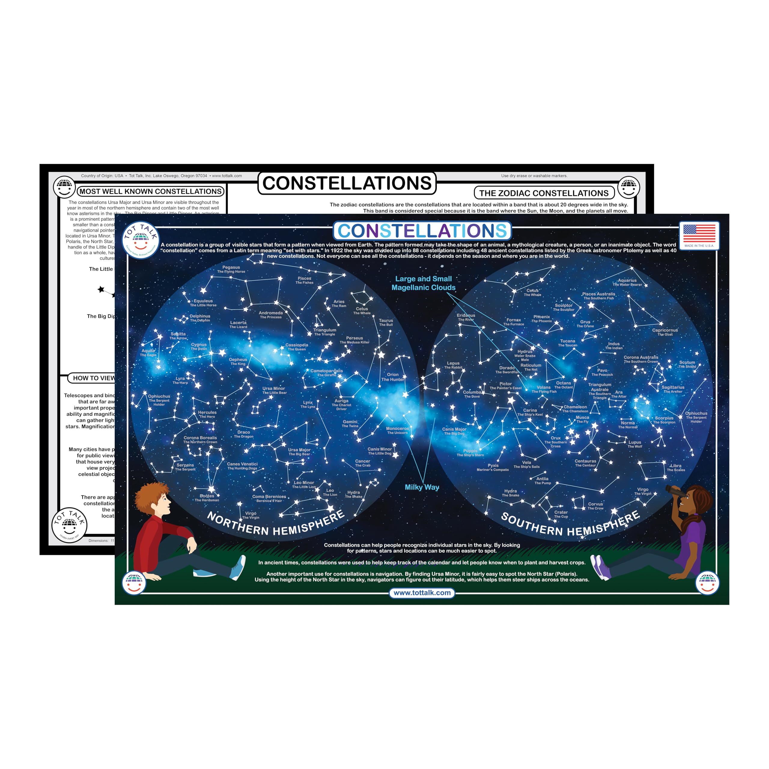 Tot Talk Constellations Educational Placemat for Kids – Made in USA – Durable, Double-Sided, Science Learning Placemat with Star Patterns & Astronomy Facts – Waterproof, Wipeable, 17.5” x 11.5”