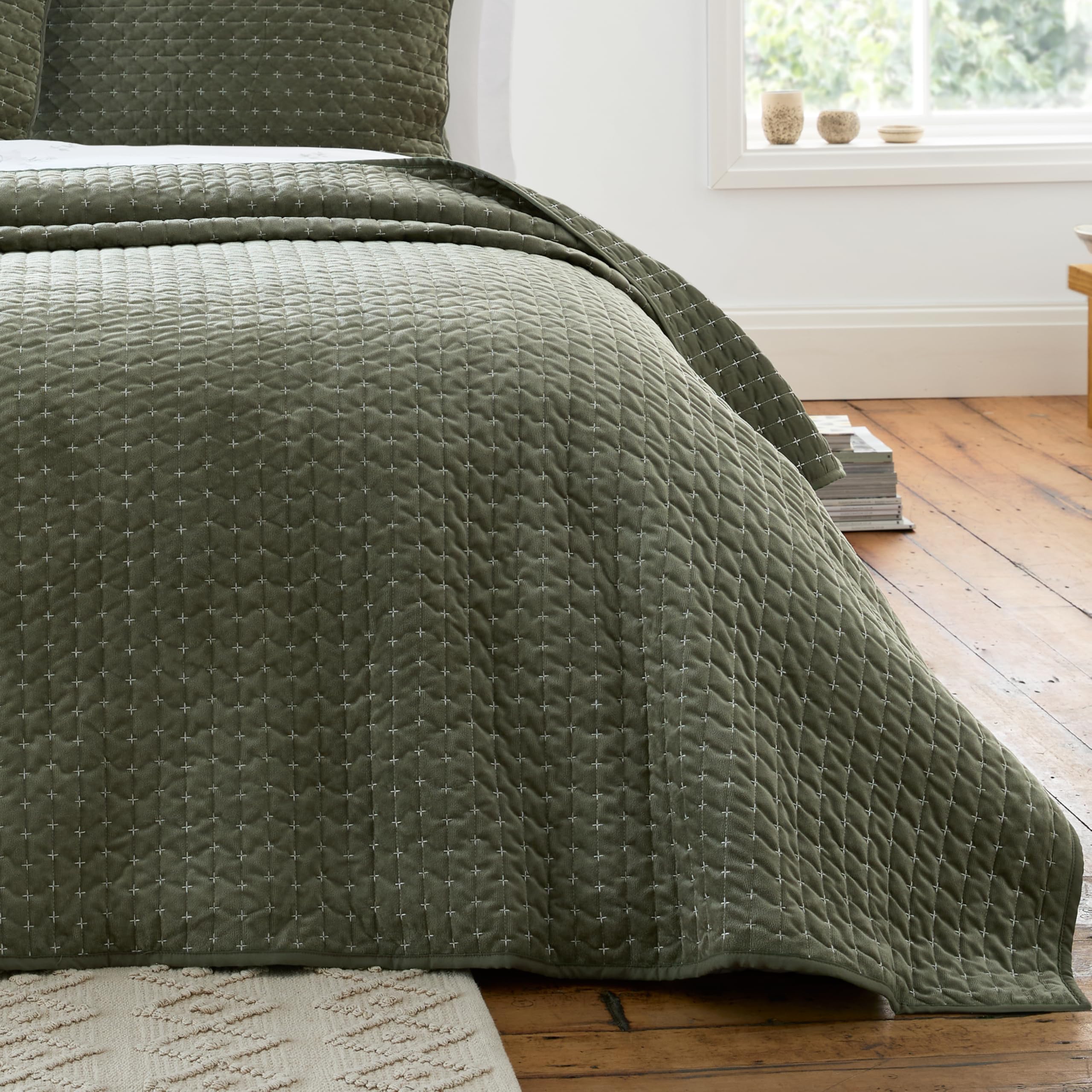 Bianca Attica Velvet Embroidered 240x260cm Bedspread Green