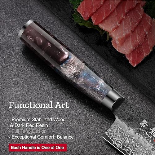 Miniatura 4 de 8.27 Inch Japanese Kiritsuke Chef Knife with VG10 Core, Professional 67-Layer Hand-Forged Damascus Knife with Ergonomic Handle, Leather Sheath and