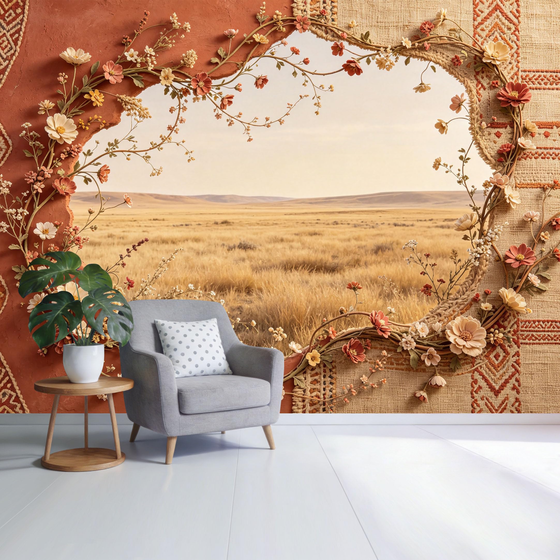 Custom Size Wall Mural Desert Landscape Dried Floral Frame Rustic Terracotta Texture SelfAdhesive Wall Fabric Removable Wallpaper for Home Office Decor
