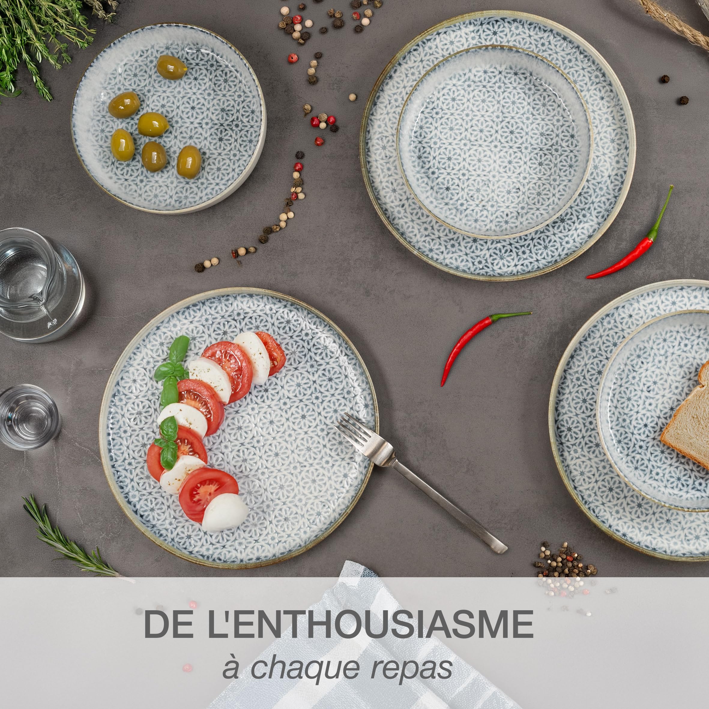 Moritz & Moritz ALHAMBRA Service de table 6 personnes 18 pièces en porcelaine de haute qualité - Service de table moderne en bleu - Ensemble de vaisselle facile à entretenir avec 6 assiettes plates, 6