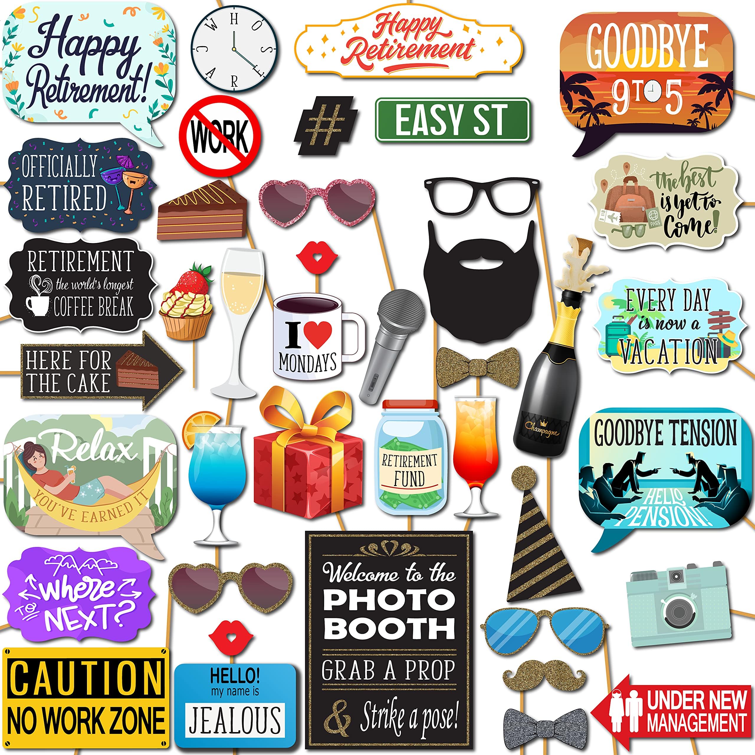 Retirement Photo Booth Props - 41-pc Photobooth Kit with 8 x 10-Inch Sign, 60 Adhesive Pads, 45 Sticks - Retirement Party Decorations - Retirement Party Props