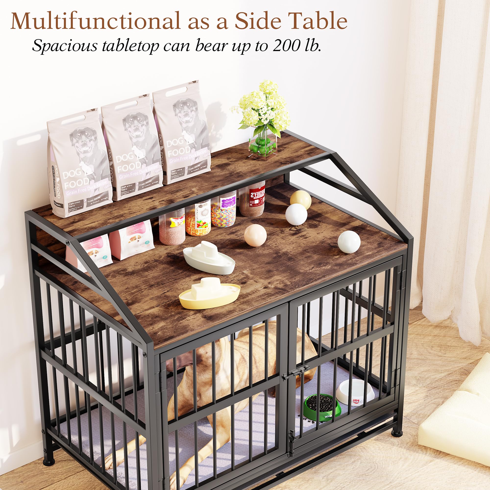 Hundekäfig Möbel, 100cm Hundebox für Zuhause, 2 Türen, Moderne Hundebox Indoor für Hunde, Beistelltisch, Hundekäfig Hochbelastbar 100 x 63 x 90 cm mit Waschbarer Decke & Abnehmbarem Tablett