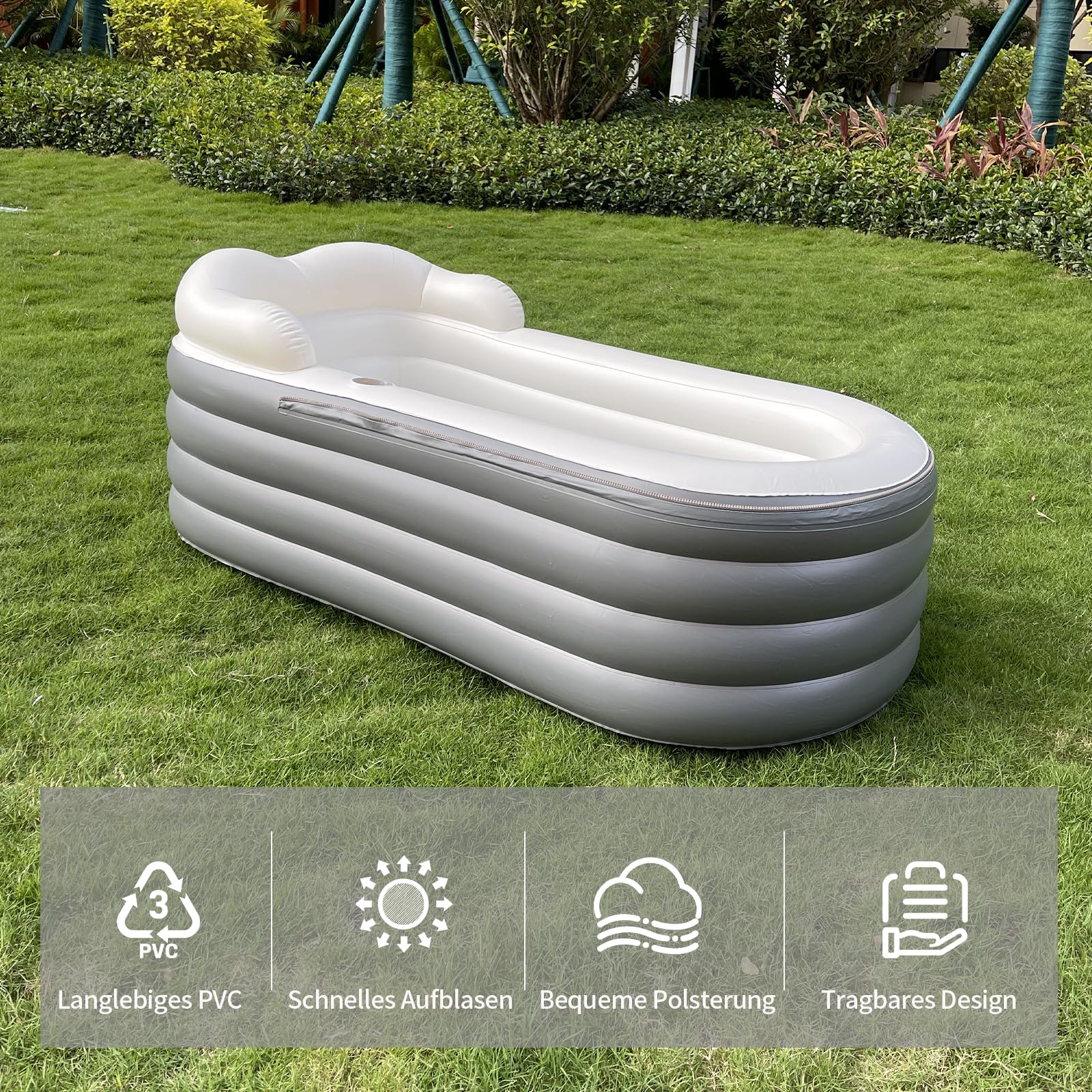 Baignoire gonflable pour adulte - Grande baignoire à glace portable - Spa - Baignoire de trempage avec housse à fermeture éclair (Gris foncé, 168x76x68cm)