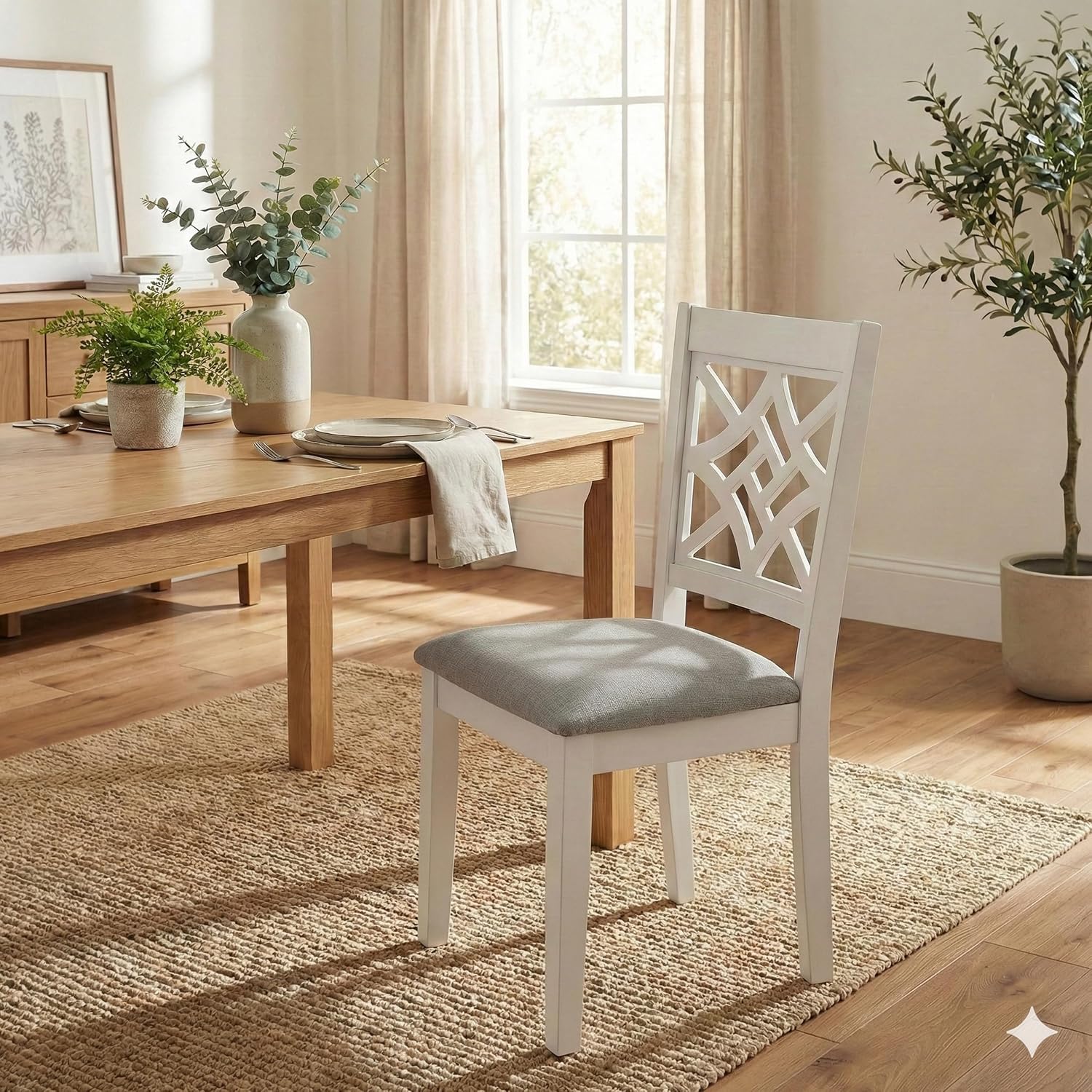 Traditional Dining Chairs, Set of 2, White Finish with Grey Polyester Upholstered Seats Solid Rubberwood