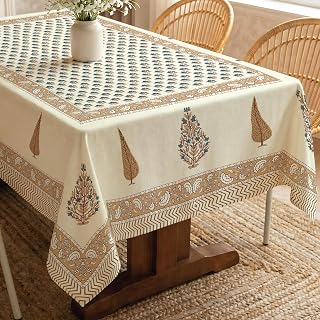 Urban Space 100% Cotton Dining Table Cover 4 Seater, Jaipuri Handblock Cotton Table Cloth for Center Table, Dining Room Table Cover, Size 48" x 72" (4 Seater, Heer)