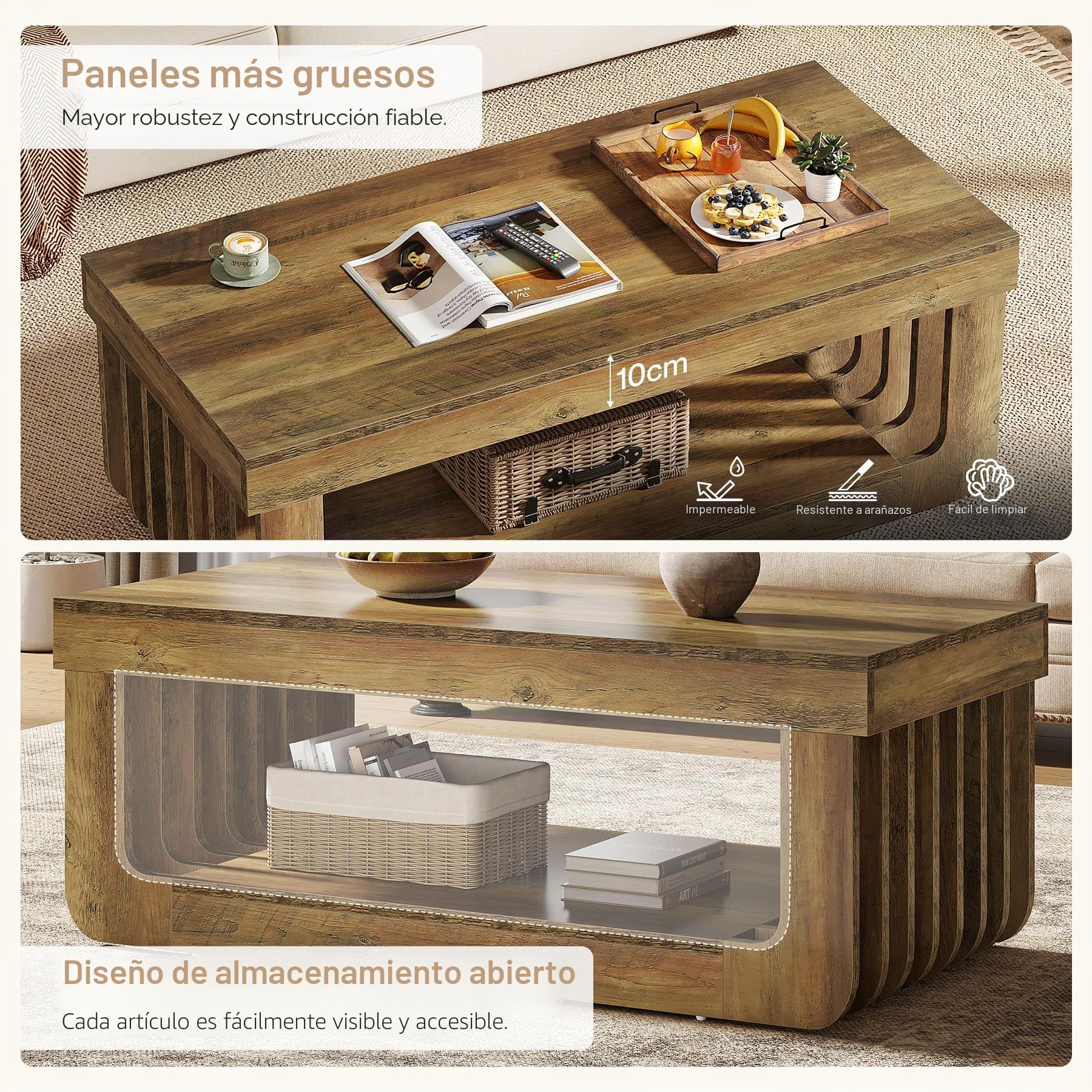 Tribesigns Mesa de centro con espacio de almacenamiento, mesa central de madera rectangular de 2 niveles con fondo grueso para sala de estar, marrón rústico, 120 x 60 cm