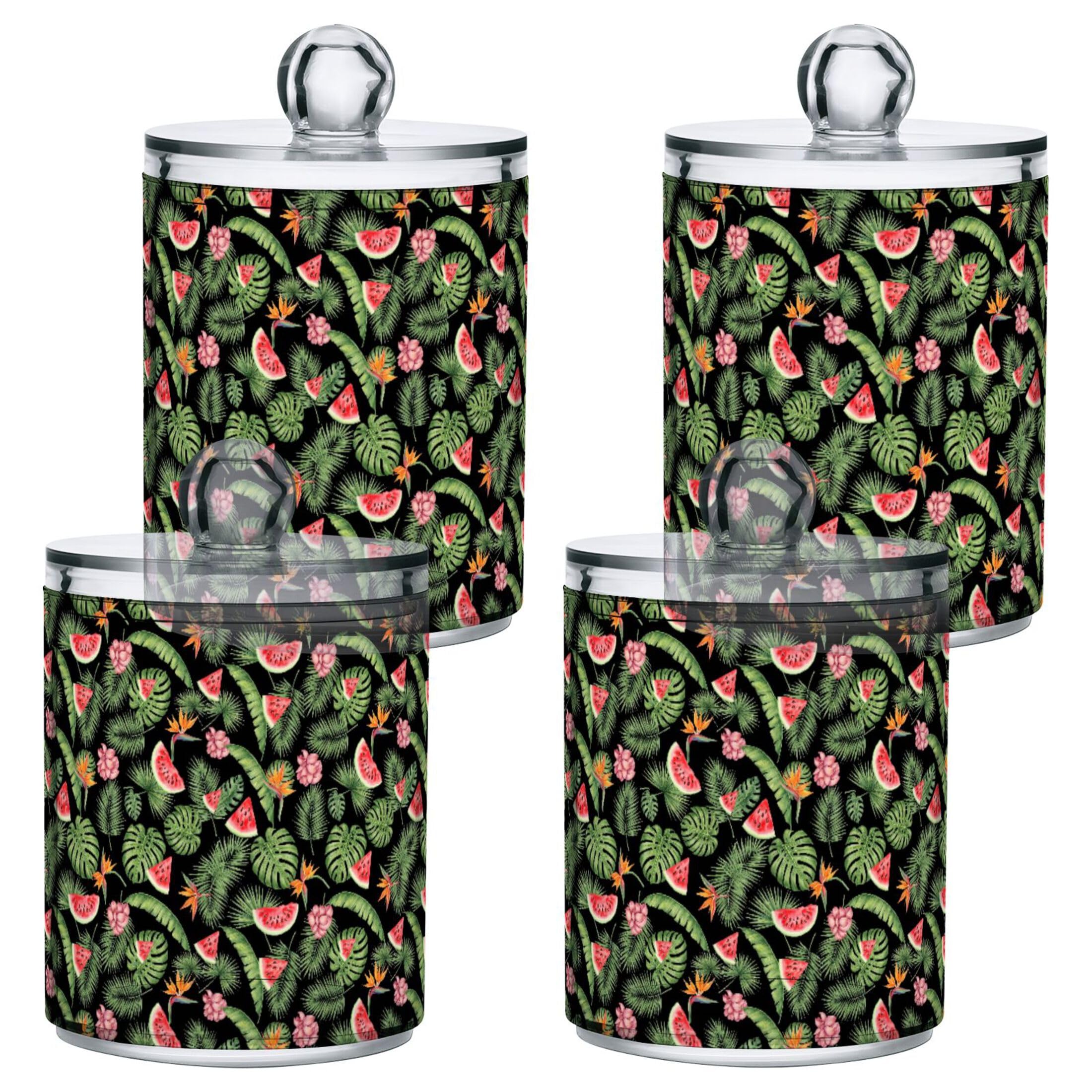 Fuauuyl Watermelon Palm Leaves Qtip Holder Dispenser 4 Pack Plastic Apothecary Jar Storage Organization Bathroom Vanity Makeup Storage Organization for Cotton Ball Swab Pad