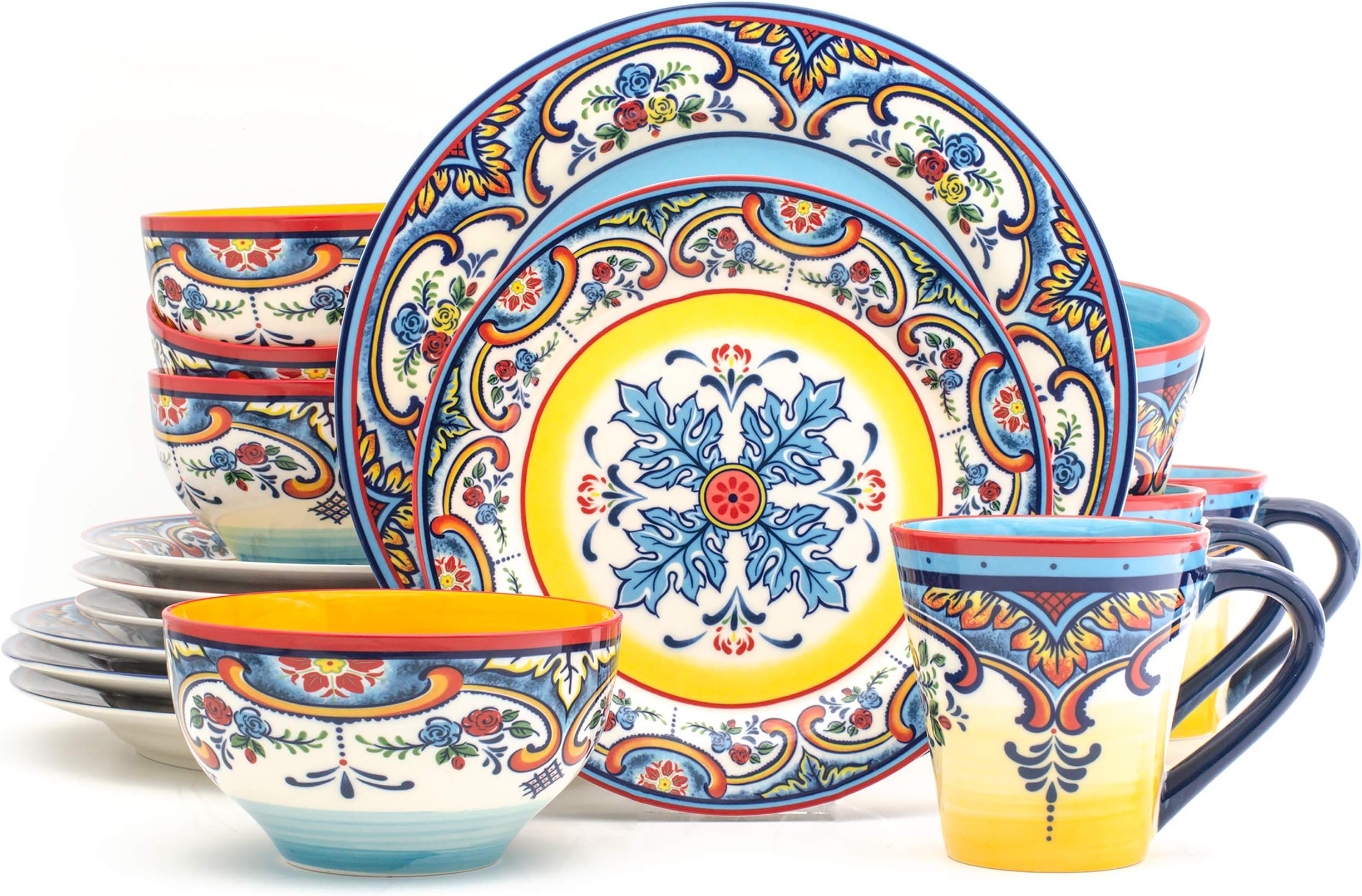 Amazon Com Euro Ceramica Galicia Andalusian Inspired Collection 16 Piece Dinnerware Set Service For 4 Vibrant Assorted Patterns Multicolor Design Dinnerware Sets