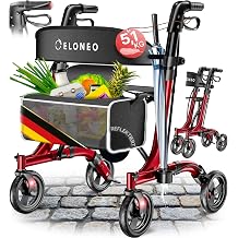 ELONEO Rollator Foldable and Lightweight with Seat - Ultralight 5.1 kg Lightweight Aluminium Travel Rollator Walking Aid Height Adjustable and Foldable Walking Aid with Bag and Umbrella Holder