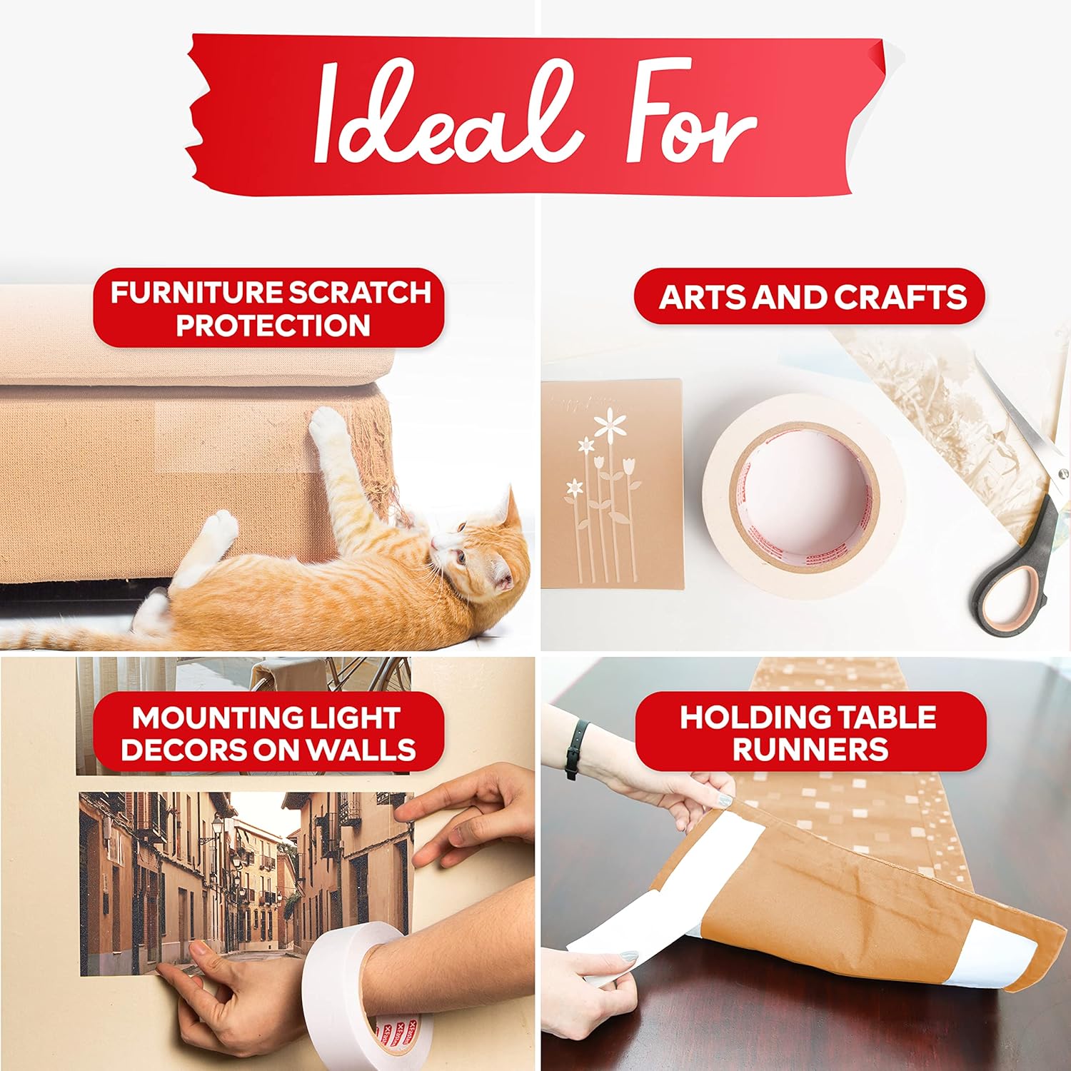 XFasten Double Sided Tape, White, Removable and Residue-Free, 2-Inch x 30 Yards, Surface Safe Two-Sided Sticky Adhesive Tape for Wall, Floor, Clothes, Rug, Fabric, Crafts and Scrapbooking (Pack of 2)