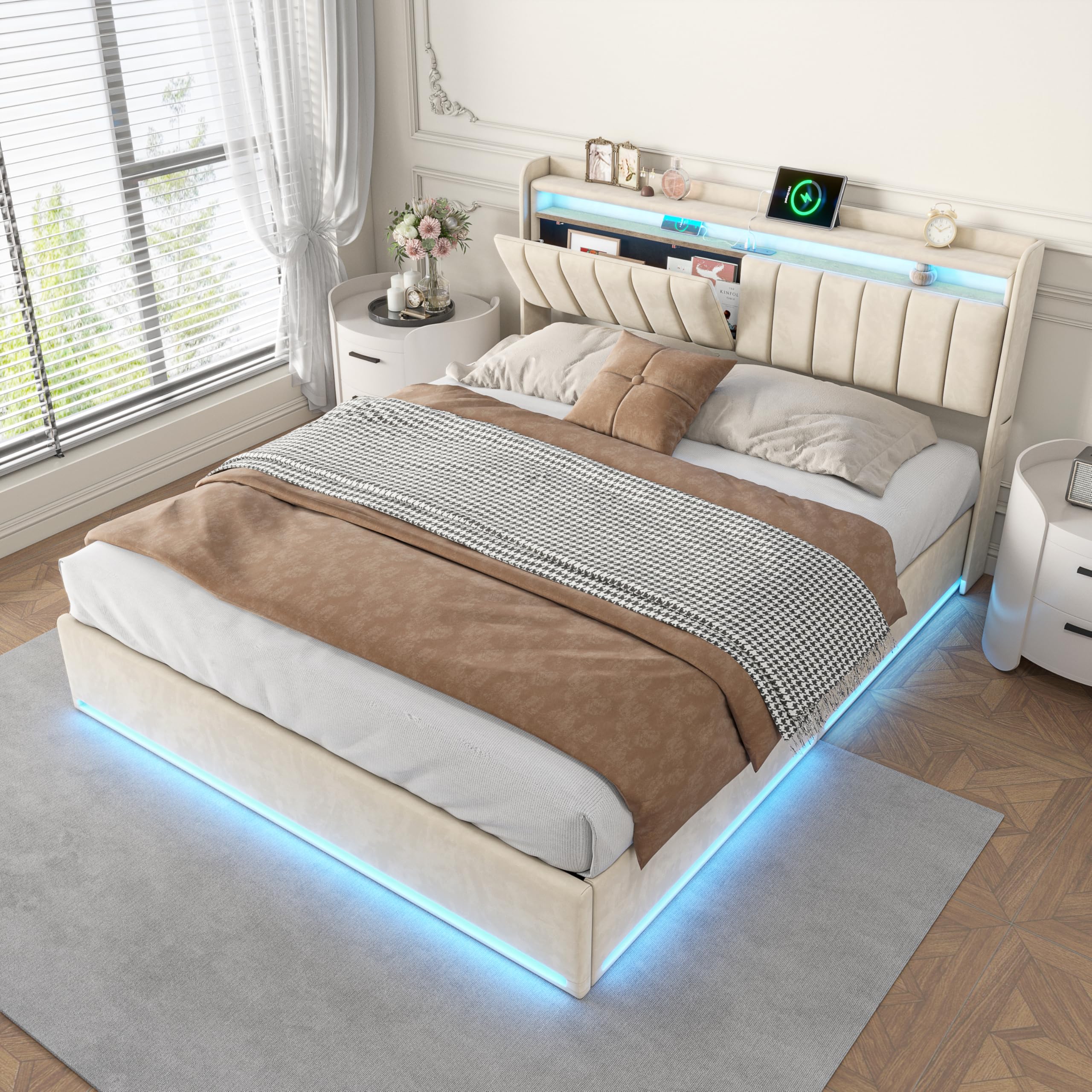 Cama acolchada para cama doble de 160 x 200 cm con LED, cama con espacio de almacenamiento, 160 x 200 cm, cama de almacenamiento hidráulica con cajón, cama funcional con espacio de almacenamiento