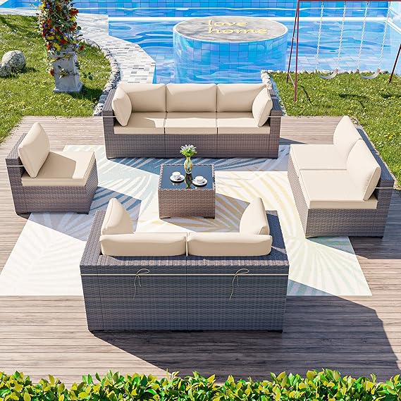 ALAULM 9 Pieces Outdoor Patio Furniture Set Sectional Sofa