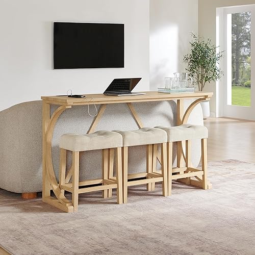 Miniatura 5 de 59 Inch Bar Table, Dining Table, Sofa Table with Power Outlet, 3 Upholstered Stools, 4 Bar Table and Chair Set for Living Room, Dining Room, Kitchen