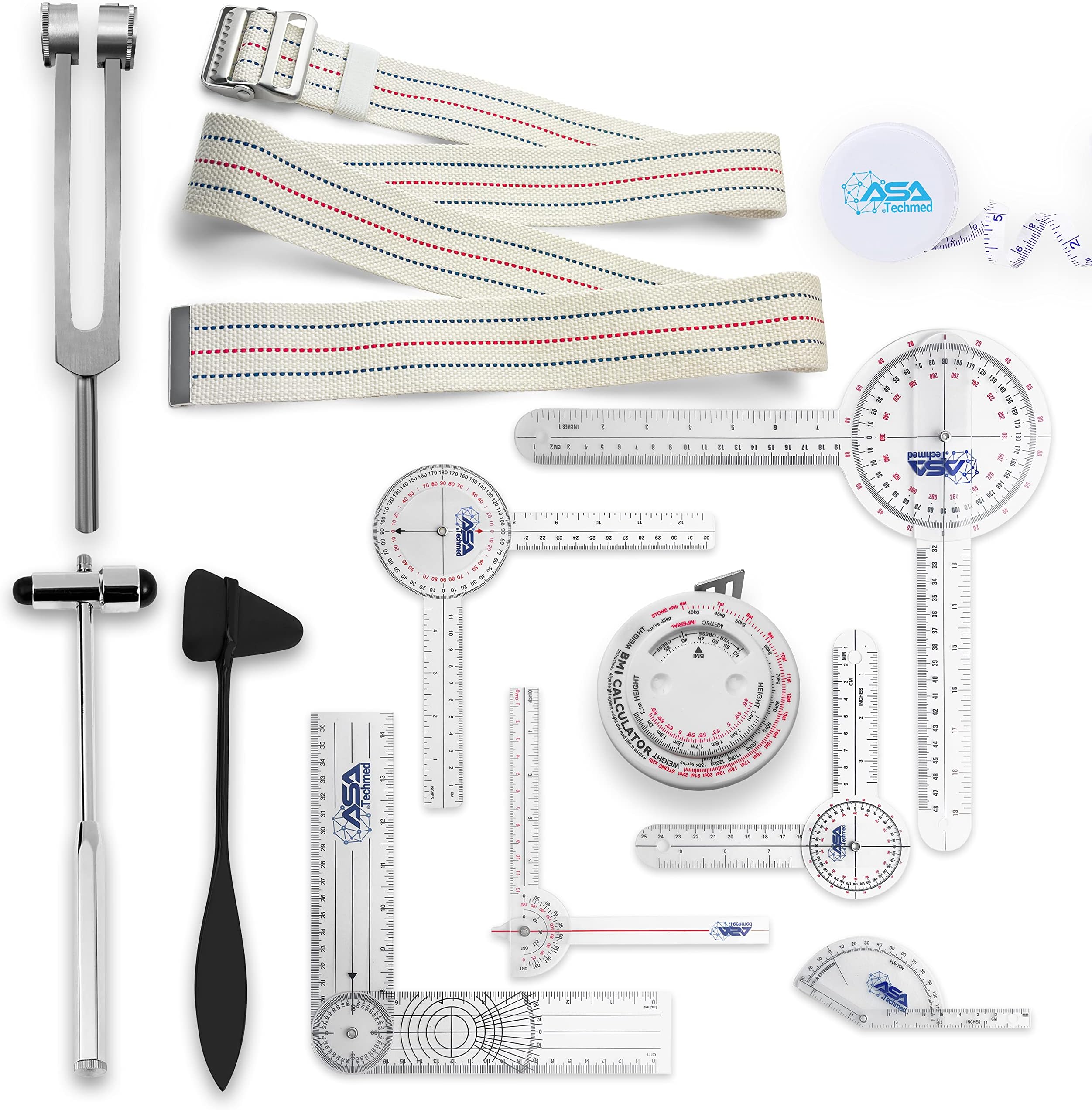 ASA TECHMED Complete Goniometer Set for Occupational Therapy, Physical Therapy - Includes 6, 8, 12 Inches Goniometer Set, Gait Belt, Measuring Tapes, Reflex Hammer