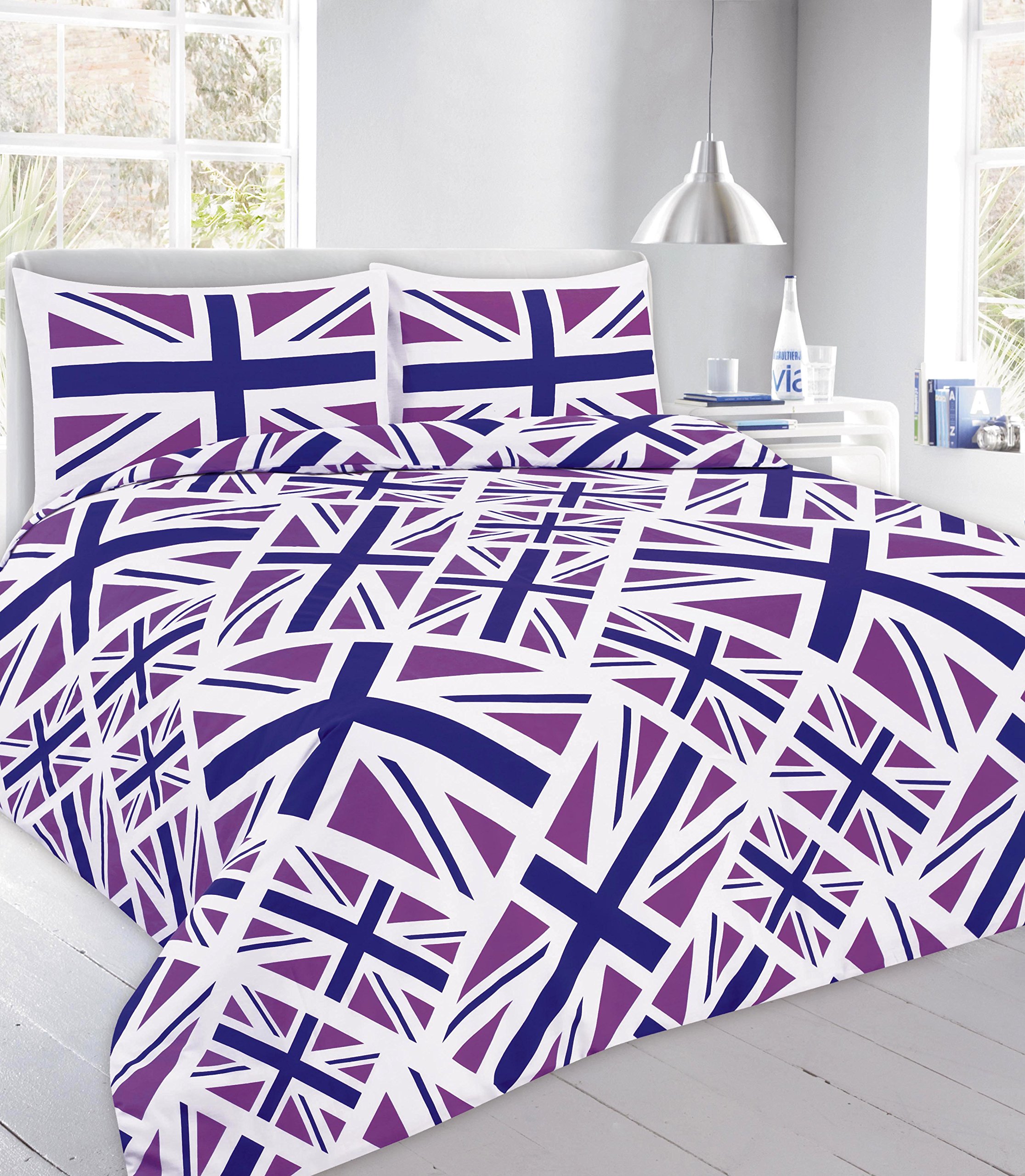 eirene threadzPrinted Polycotton Duvet Quilt Cover Sets With Pillow Cases Bedding Set (Double, Union Jack Purple)