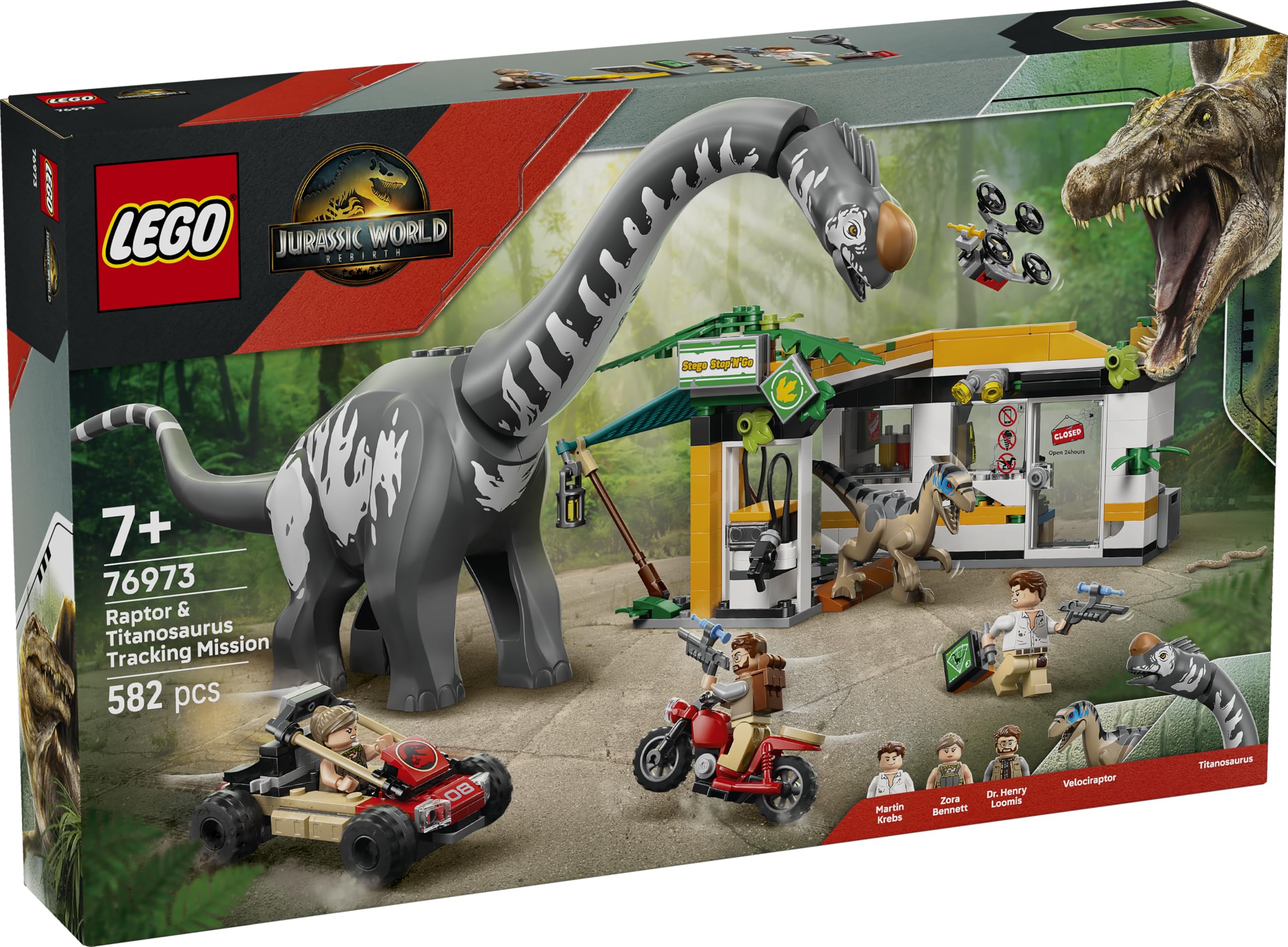 LEGO Jurassic World Na tropie tytanozaura i raptora 76973 | Figurki dinozaurów i pojazdy, zabawka dla 7-latka, prezent dla chłopca lub dziewczynki, klocki dla dzieci, 582 elementy