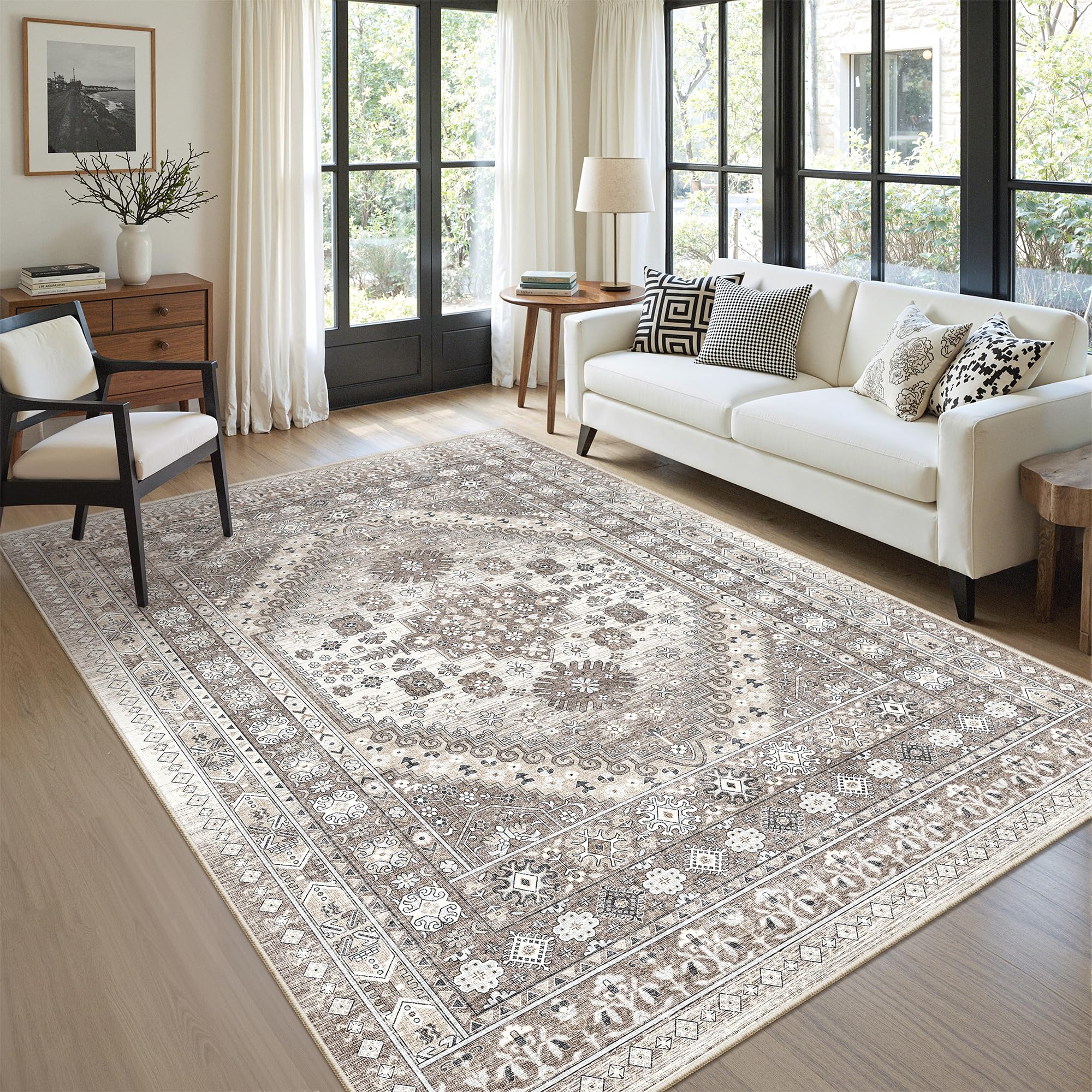 zesthome 5x8 Area Rugs - Ultra-Thin Washble Rug, Stain Resistant Anti Slip Backing Rugs for Living Room,Bedroom, Vintage Home Decor Area Rug (Brown/Beige,5'x8') — image 1
