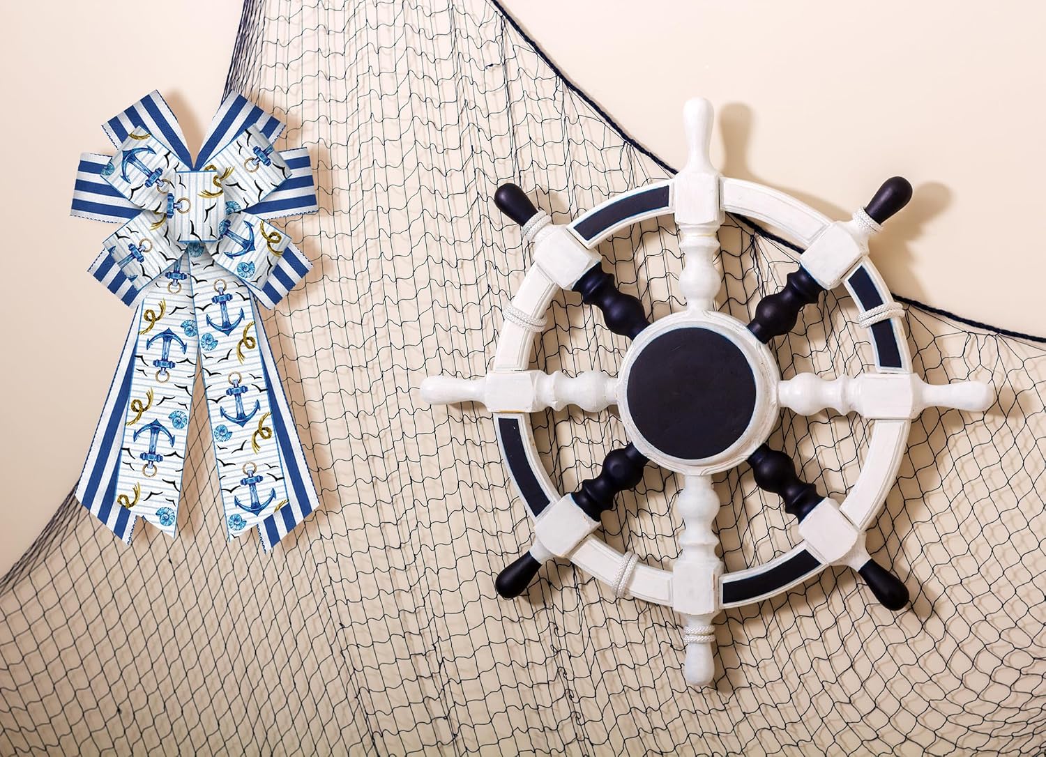 Large Spring Bow for Wreath, Spring Wreath Bow for Front Door Ocean Sea Nautical Bow White Navy Blue Stripes Tree Topper Bow for Spring Indoor Outdoor Birthday Party Home Decoration